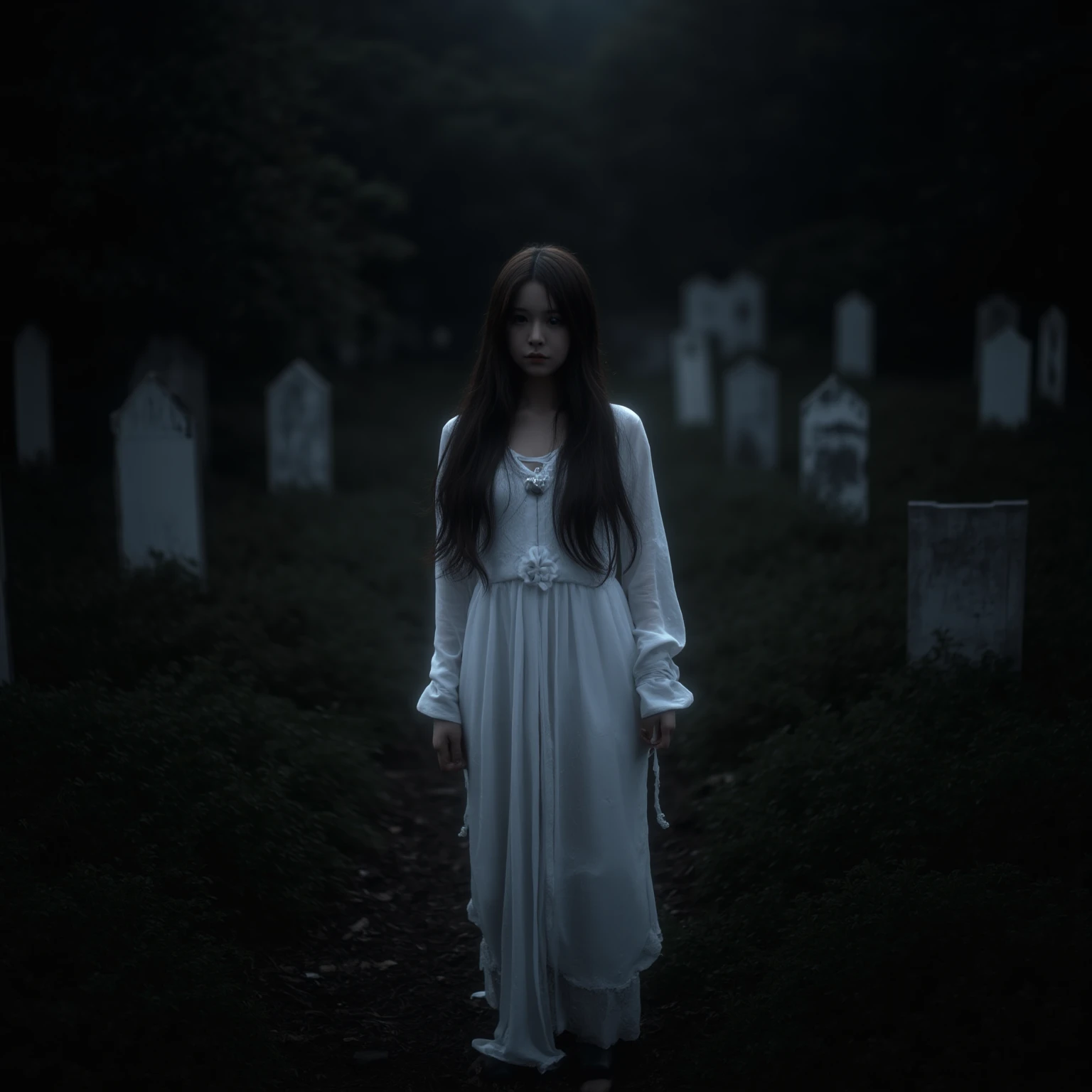 Tombstone with jacket, above it and with the name Merlina and behind the tombstone,  a ghost woman watching