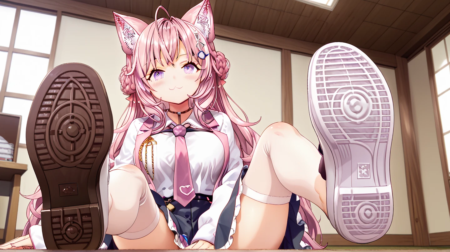 highest quality、masterpiece、1 girl、cute、high school girl、((classroom:1.5))、mini skirt、Sit on the ground with your knees upright、Kamimei、look at me、(No panties:1.3)、((shaved pussy:1.5)), ((red bow tie, school uniform, black jacket, open jacket, Brown cardigan, white shirt, black skirt, plaid skirt、white socks))、 (No panties:1.3)、((shaved pussy:1.5))、(Highly detailed labia fully exposed:1.5)