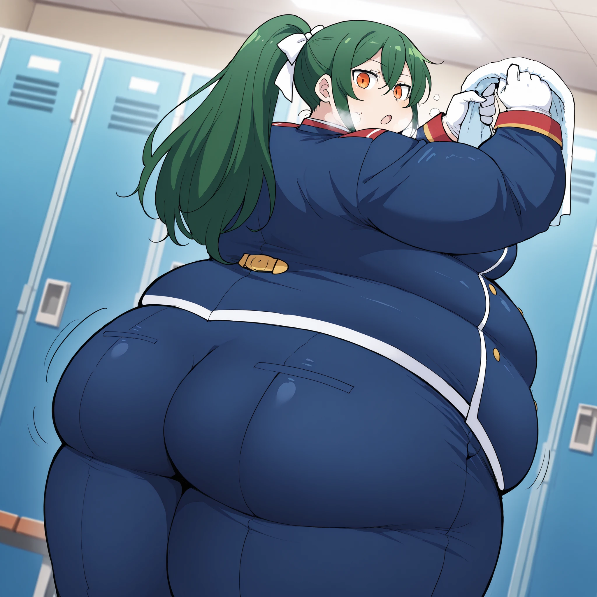 score_9, score_8_up, score_7_up, source_anime, crusch karsten, long hair, hair between eyes, green hair, orange eyes, medium breasts,, gloves, ponytail, white gloves, uniform, long sleeves, pants, blue uniform, blue pants, hair bow,, locker room, lockers, benches, towels, showers, ass shake, arms up,, looking at viewer, solo,, dutch angle, cowboy shot fat, chubby, obese, gigantic arms and legs, large breasts open mouth, out of breath