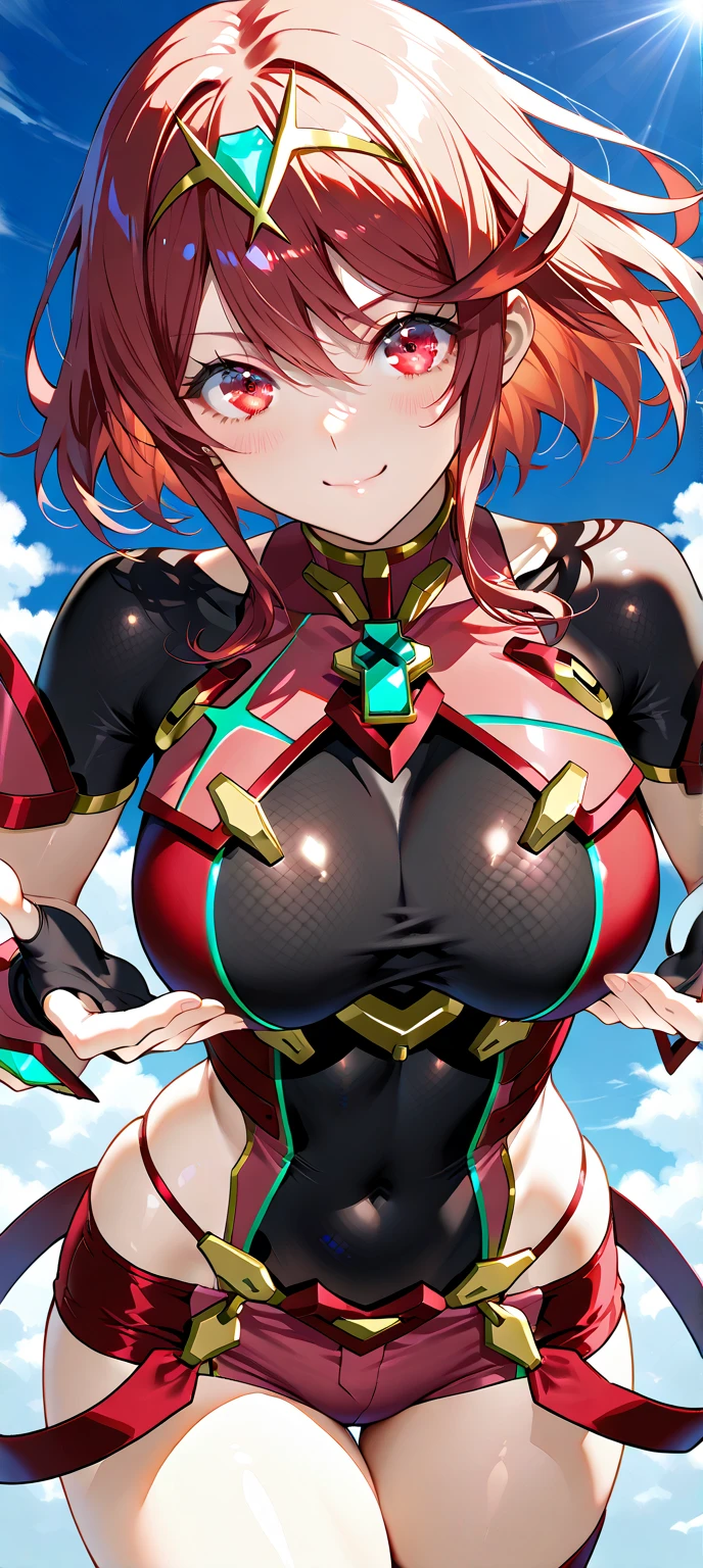 pyra \(xenoblade\), teen_1girl, loli, bangs, black gloves, breasts, red eyes, shout, earrings, eyelashes, fingerless gloves, floating hair, , gem, gloves, hair ornament, headpiece, jewelry, gigantic_breasts, leaning back, swimsuit, neon trim, official art, pose, red hair, saitou masatsugu, short hair, sidelocks, skin tight, solo, swept bangs, thighhighs, tiara, fantasy_town_background, underbust, xenoblade chronicles \(series\), (xenoblade chronicles 2), (spread_legs:1.1), fire_effect,dynamic_pose,fighting,light_smile, (plump:1.1), big_ass,huge_sword, hold_large_sword_hilt, covered_nipples, covered_pussy, fists,ponytail,beautiful_fingers,(solo:1.1), bare_shoulder,(shoulder_naked:1.2), nipple_jewel,back, back_view, focus_ass,ass, (very_short_shorts:1.3),(lise_leg:1.4)