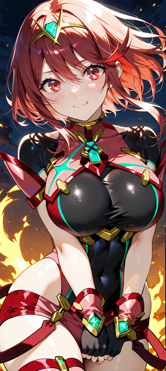 pyra \(xenoblade\), teen_1girl, loli, armor, bangs, black gloves, breasts, red eyes, light_open_mouth, earrings, eyelashes, fingerless gloves, floating hair, framed breasts, gem, gloves, hair ornament, headpiece, jewelry, big_breasts, leaning back, leotard, neon trim, official art, pose, red hair, red shorts, saitou masatsugu, short hair, short shorts, short sleeves, shorts, sidelocks, skin tight, solo, swept bangs, thighhighs, tiara, fantasy_town_background, turtleneck, underbust, vambraces, xenoblade chronicles \(series\), (xenoblade chronicles 2), (spread_legs:1.1), fire_effect,dynamic_pose,fighting,light_smile, (plump:1.4), big_ass,huge_sword, hold_large_sword_hilt, covered_nipples, (covered_pussy:1.2),cameltoe,back_view, fists,ponytail,plump,beautiful_fingers,(solo:1.1),selfie