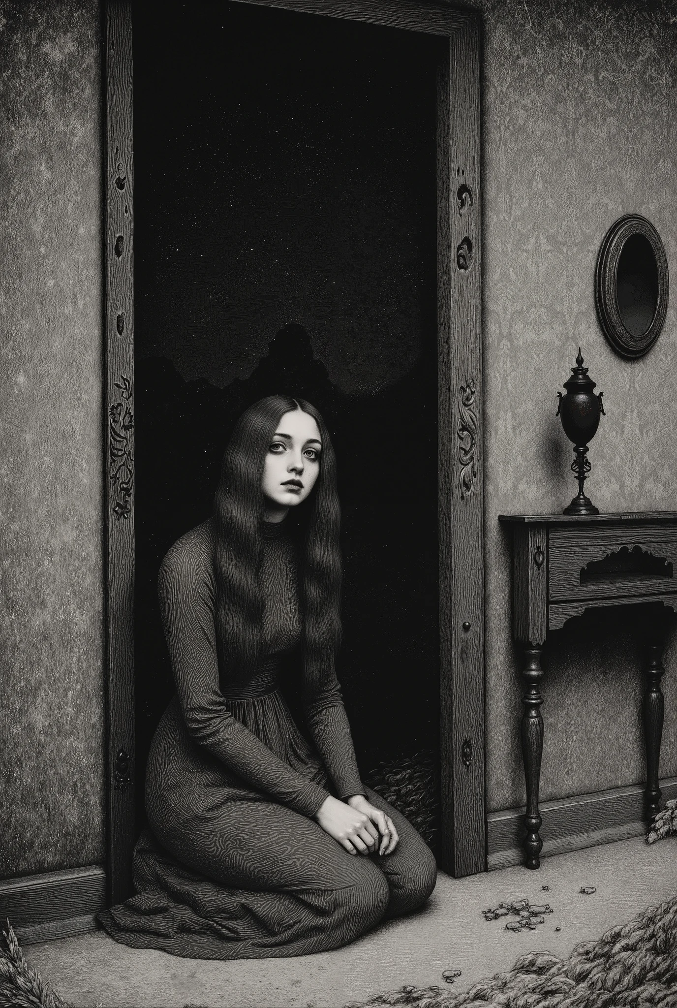 Depressive Black,beautiful girl,sitting chair,grief,sadness,solitude,indoor,simple room background,