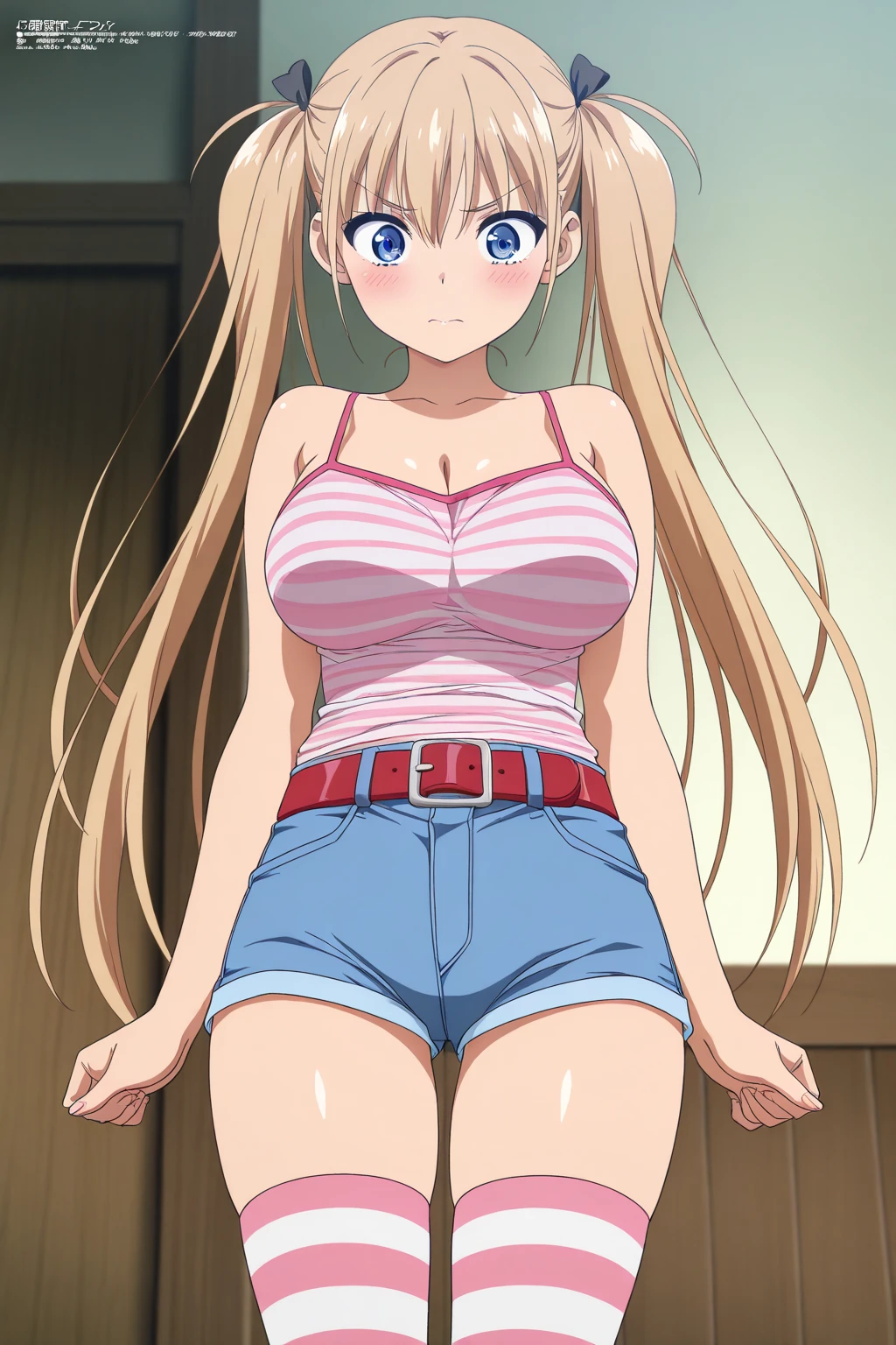 blonde girl with pigtails, short thin body