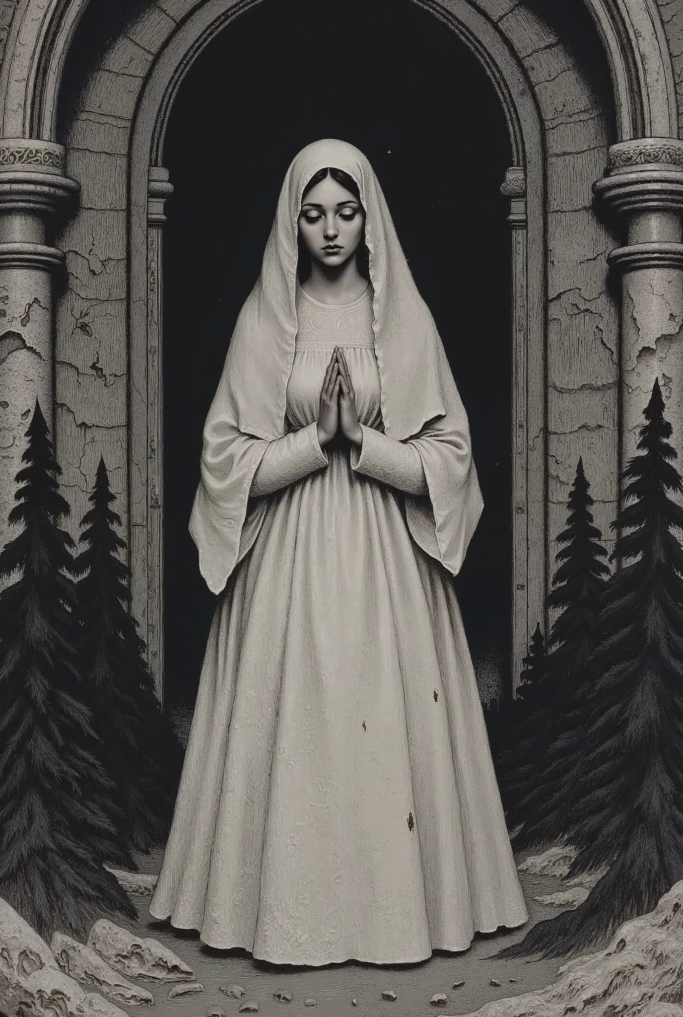 Depressive Black,medival,nun costume,beautiful girl face,praying hands,grief,sadness,solitude