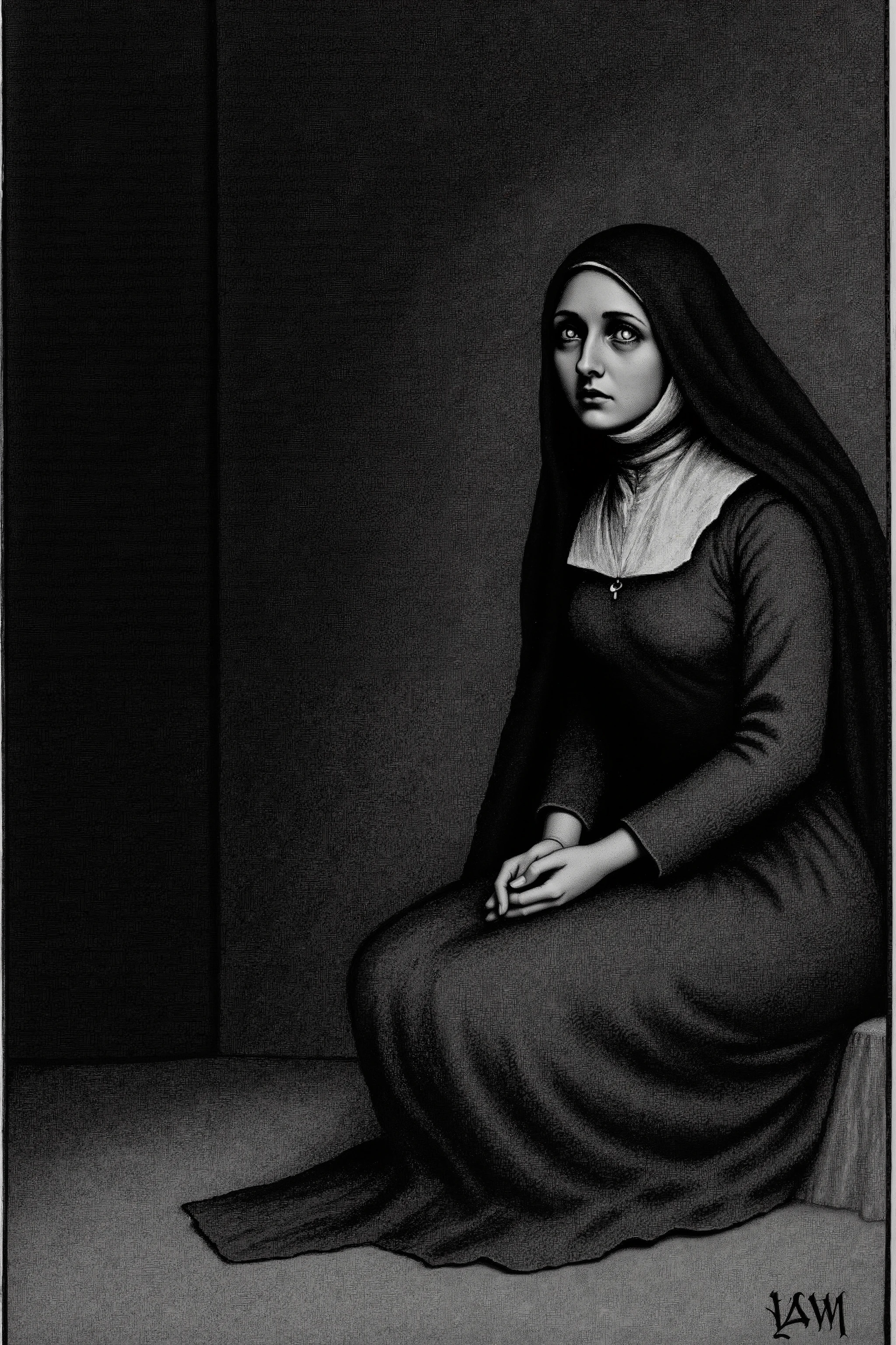 Depressive Black,medival,nun costume,beautiful girl face,grief,sadness,praying hands,