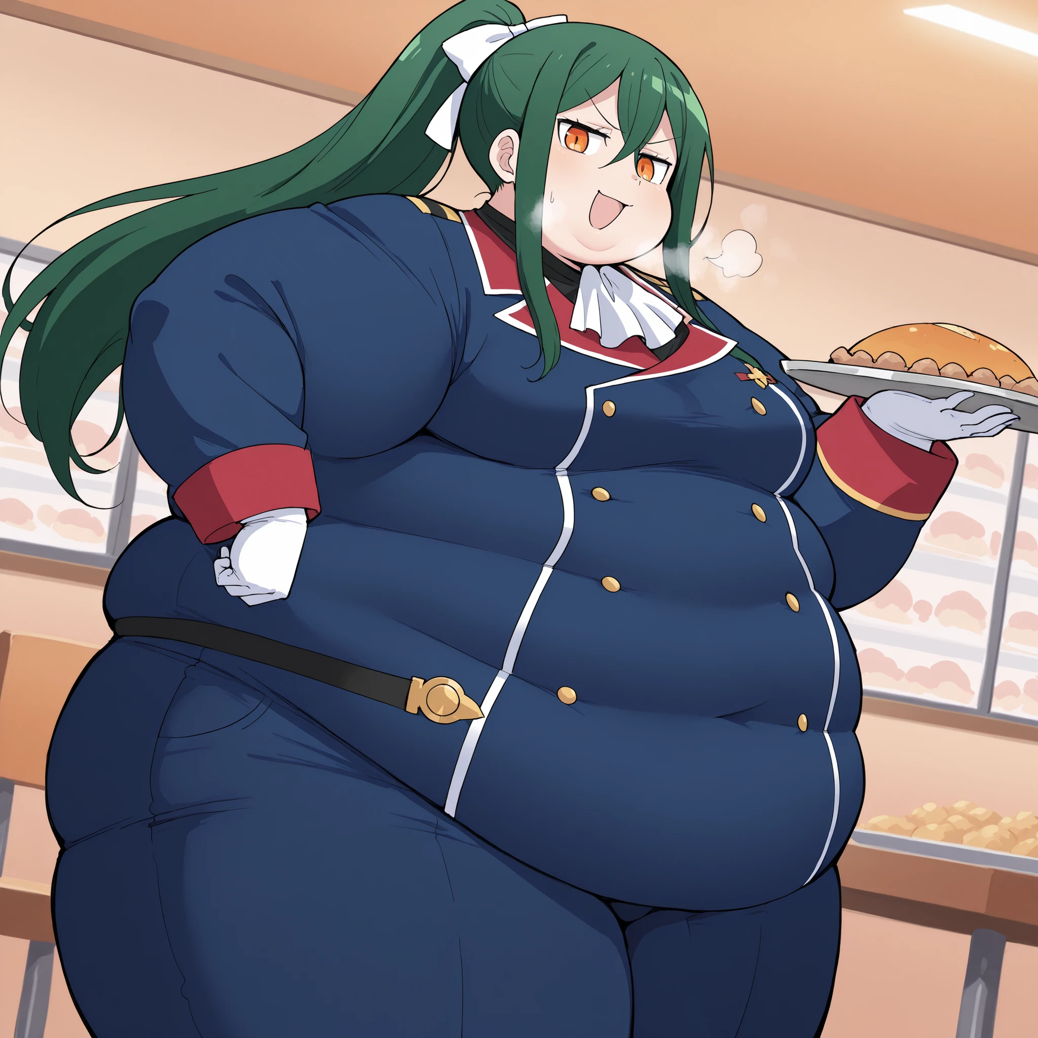 score_9, score_8_up, score_7_up, source_anime, crusch karsten, long hair, hair between eyes, green hair, orange eyes, medium breasts,, gloves, ponytail, white gloves, uniform, long sleeves, pants, blue uniform, blue pants, hair bow,, cafeteria, tables, food trays, chairs, line, smile, smug, hand on own hip,, looking at viewer, solo,, dutch angle, cowboy shot fat, chubby, obese, gigantic arms and legs, large breasts open mouth, out of breath