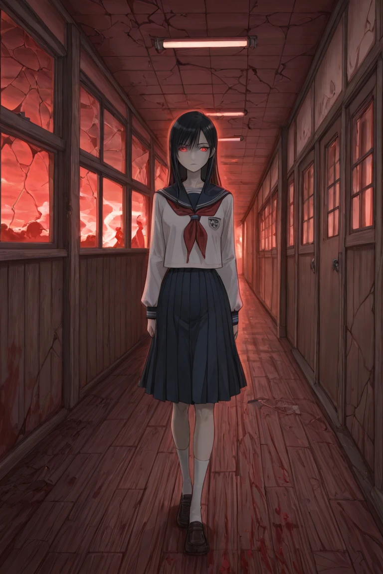 1girl,abandoned school,black and white photo,school uniform,slight blood,scary eyes at back,scared face,black figures 