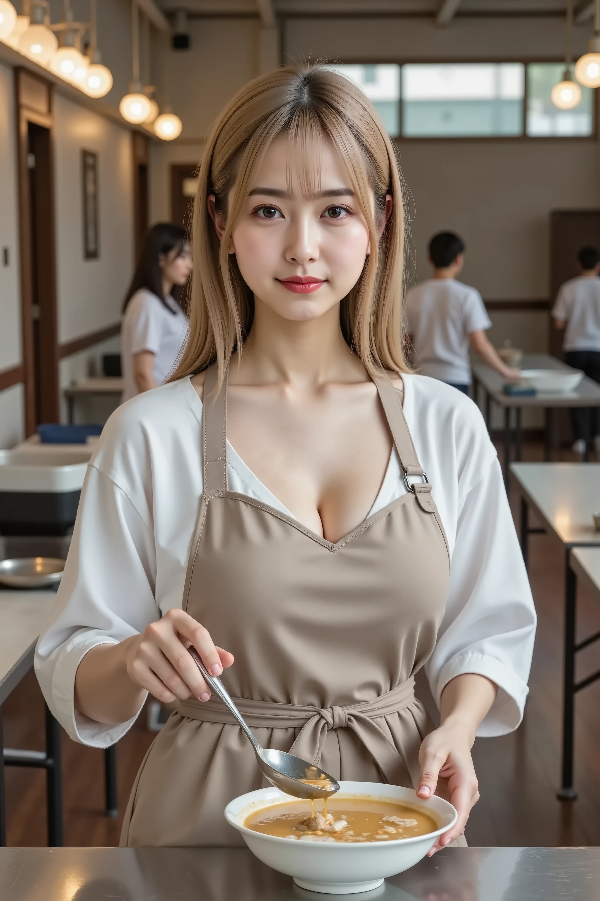 Catherine,hair styled in aplatinum blonde, gold hair, professional photography, masterpiece, high resolution, an upper body portrait of a 20-year-old resilient Japanese woman with a strong and compassionate smail, serving food as a volunteer at an emergency relief shelter after a natural disaster. She has delicate Japanese facial features, a soft angular jawline, high cheekbones, a small refined nose, and large, deeply empathetic eyes. Her skin is porcelain-smooth, though smudged with a bit of dirt and looking tired but determined. Her long, straight hair is tied back simply. She wears a simple V-neck t-shirt and an apron over a mini skirt. The neckline of the t-shirt reveals her voluptuous, ample bust and a clear, deep cleavage. She is standing behind a long folding table, using a ladle to serve hot soup from a large pot into a bowl for an unseen person. The background is a makeshift shelter, perhaps in a gymnasium or community center, with cots and other volunteers. The composition is a powerful, documentary-style portrait, aspect ratio 2:3, capturing a moment of human kindness. Shot on a Canon EOS R5 with an 85mm lens at f/2.8, ISO 800, and 1/125s shutter speed. The lighting is the harsh, functional lighting of the temporary shelter, creating a realistic and unglamorous setting that emphasizes the authenticity of the moment. The color palette is muted and realistic. The level of detail is hyperrealistic, capturing the steam rising from the soup, the texture of her apron, the exhaustion and determination in her eyes, and her powerful, encouraging expression. The mood is hopeful, resilient, and deeply human.