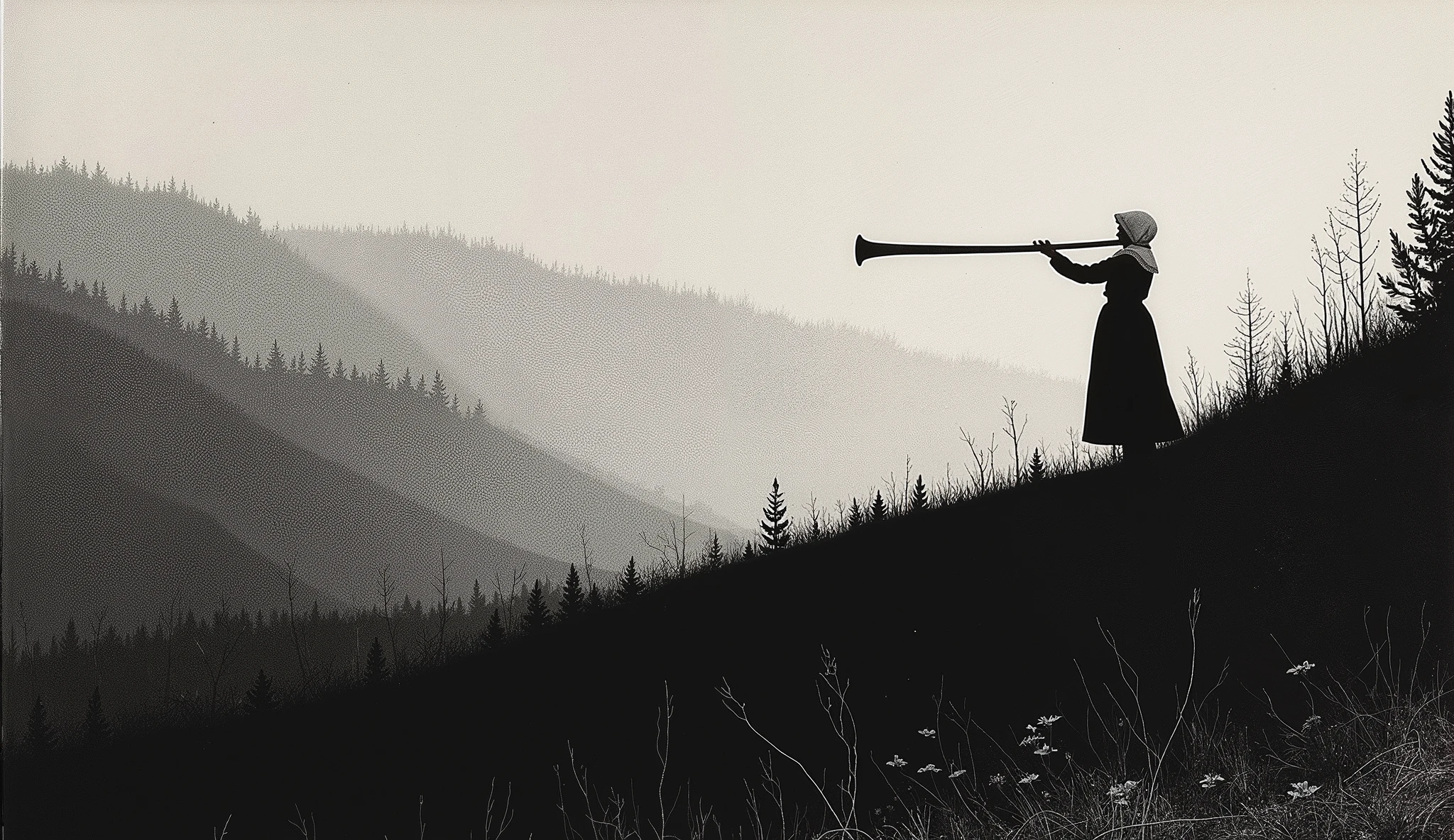 Depressive Black,from side,A young peasant woman was playing a long bugle towards the sky,wearing White Hood,on the hill,coniferous forest background, medival,foggy,melancholic atmosphere,Theodor Kittelsen style,