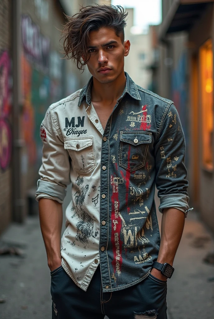 Luan Uzumaki wearing a black shirt, white pants, a silver chain around his neck, motorcycle gloves, Nike sneakers, and Gojo's hair.