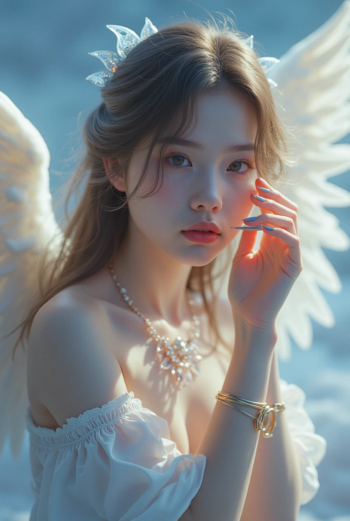 hyperrealistic image maximum quality, perfect masterpiece, perfect work of art, 8k. a young and beautiful nude angel woman posing seated,intricate detailed face and eyes,long wavy hair,elegant pose,angelic look,glowing aura,ethereal atmosphere,(best quality,8k,photorealistic,hyper detailed,masterpiece:1.2),cinematic lighting,warm soft colors,dramatic lighting,mystical,concept art