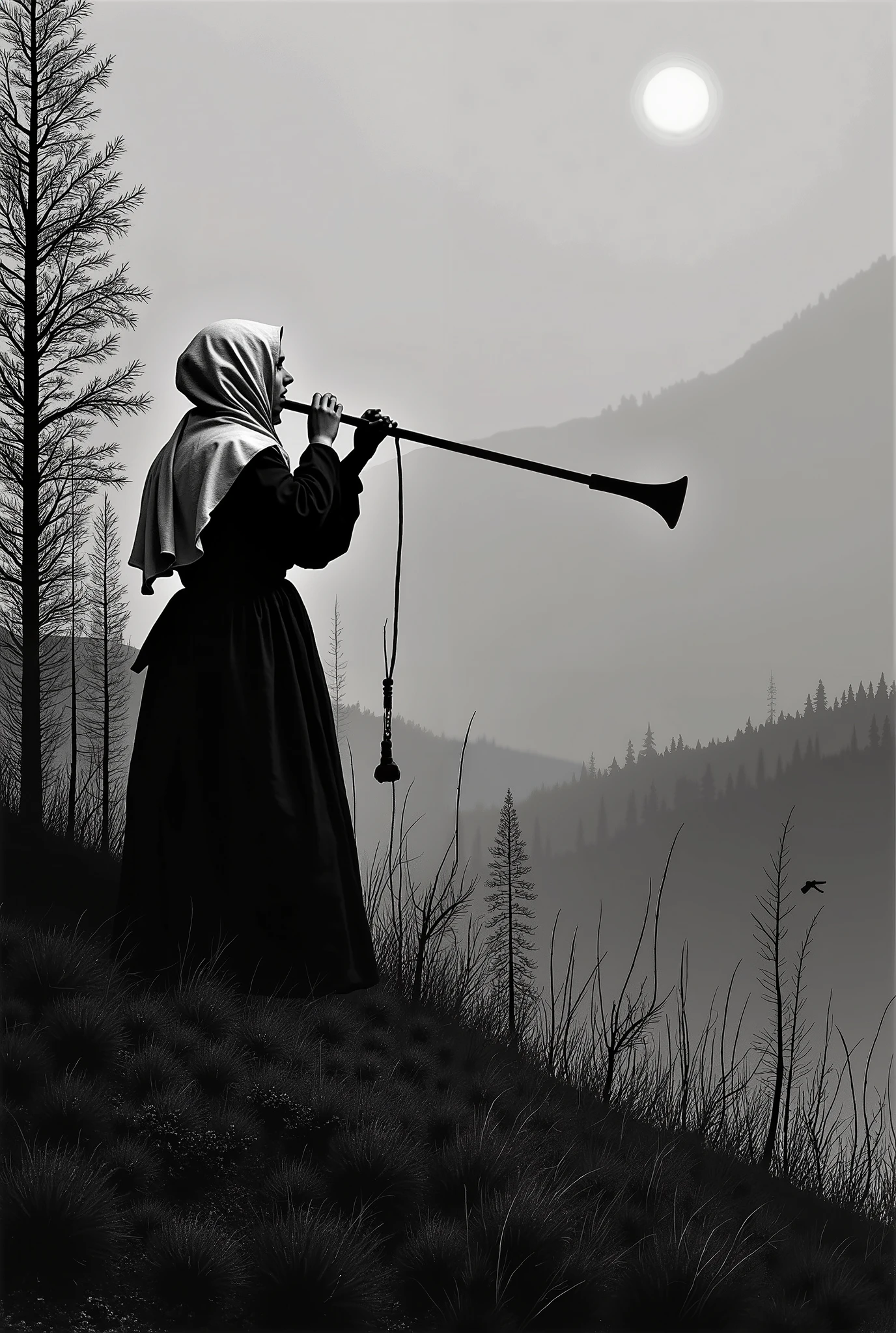 Depressive Black,from side,A young peasant woman was playing a long bugle towards the sky,wearing White Hood,on the hill,coniferous forest background, medival,foggy,melancholic atmosphere,Theodor Kittelsen style,