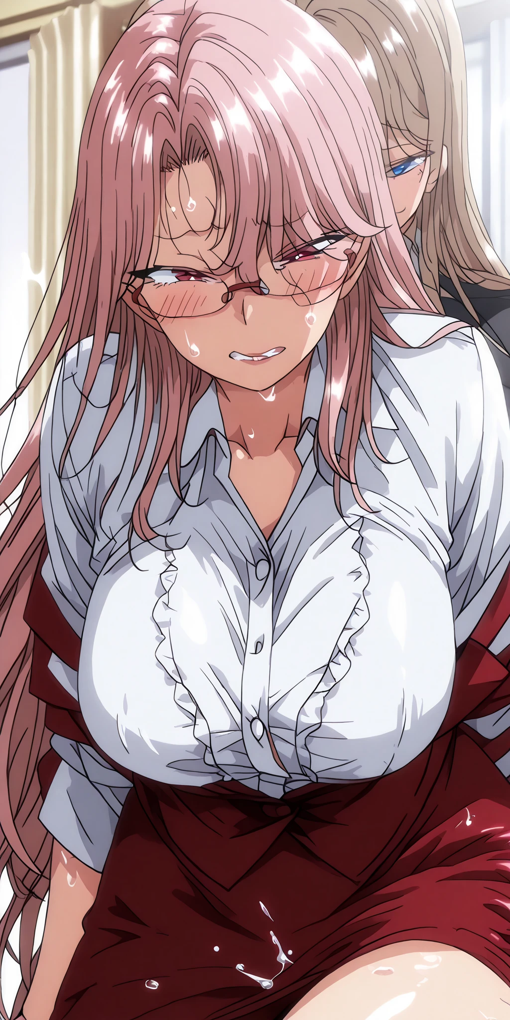 {artoria pendragon_fate ubw:1.15},(((dark red hair:1.5))), ((detail shutting eyes ,glasses :1.8)), ,, ((Strong light )) ,  ((1 very tall girl:1.6)),, alone,, ((open mouth :1.7))  , hair between eyes,,, bare shoulders,, cleavage, thighhighs, ((( very long straight hair, single braid:1.5 ))),                               
break, ((torn wet white open T shirt, see-through:1.5)) , break , ((wet white panties:1.7)), beautiful light, , close up face:0.2,　detail navel , detail thin thigs, ,                                                                                                                                                                                                                                                       break, ((break ,sitting on silver liquid:1.8)),((Legs trembling)),  trouble eyebrow, ,                                                                                                                                                                                                          
nsfw,(???????:1.8) ,(slut:1.6),(vulgarity:1.7),(fucked silly:1.8),(steam:1.5),(wet:1.5),(trembling:1.5),(((Twisting the body:1.7))) ,(drooling:0.2),(sweat:1.5),closed mouth:0.8, wince,(orgasm:1.7), trembling:1.8,　　　　　　　　　　　　　　　　　　　　　　　　　　　　　　　　　　　　　　　　　　　　　　　　　　　　　　 beautiful upper body, Beautiful body, beautiful character design, perfect eyes, Perfect face, expressive eyes, Turning the face side to side,(church:1.5),in the center of the image, official art,High Definition CG Unity, Perfect lit, bright_front_face_lit, ,(Highest_quality:1.0),4k,Super detailed, photograph, 8K, nffsw, High resolution, absurd:1.2, kodak portrait 400, film grain, Lens flare, (lively_color:1.2) (beautiful,medium breasts:1.4), (beautiful_face:1.3),(narrow_waist),((blush)), ((detail nipple)),,saber, dress,                          　　　　　　　　　　　　　　　　　　　　　　　　　　　　　　　　　　　　　　　　　　　　　　　　　　　　　　　　　