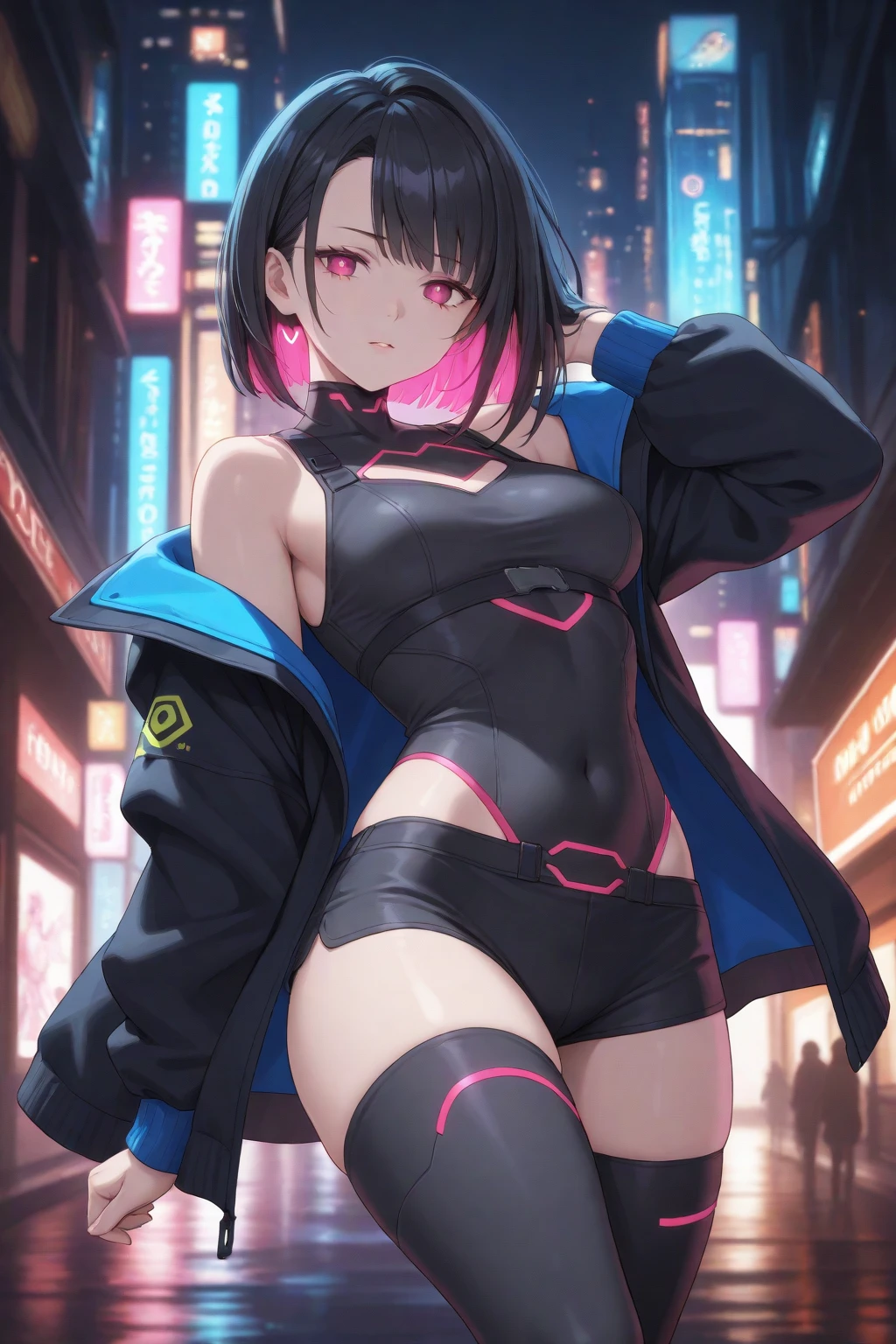 girl spacepunk,(((1girl))),((anime girl with extremely cute and beautiful black hair cat ears walking seductively down the street)),
(large breasts:1.4),saggy breasts,(((black wavy bob hair:1.35,bangs;1.35,messy hair,colored inner hair,ear breathing))),(((cat ears,cat ears on head,big cat ears))),((pink eyes:1.3,upturned eyes:1.3,perfect eyes,beautiful detailed eyes,rainbow glows ultra-detailed deep pink purple eyes:1.1,gradient eyes:1,finely detailed beautiful eyes:1,symmetrical eyes:1,big highlight on eyes:1.2)),((fat)),(((lustrous skin:1.5,bright skin: 1.5,skin tanned,shiny skin,very shiny skin,shiny body,plastic glitter skin,exaggerated shiny skin))),(spider lower abdomen,narrow waist,wide hip,athletic body,inflated legs,delicate detailed fingers,detailed body,detailed arms,human hands, detailed hands),
cute,slutty,seductive,erotic,nsfw,
zettai ryouiki,revealing clothing,show skin,((((underboob)))),(cleavage),(wearing a mechanical space body armor:1.3,semi-naked,with little clothing,tiny thong,bare legs,visible thong straps),((((crop top hoodie,cropped hoodie,hoodie))),(detailed outfit,detailed clothes),
(dynamic pose:1.0),solo focus,embarrassed,centered,scale to fit dimensions,Rule of thirds,
outdoors, ((night view)), (cyberpunk night street Background: 1.5,dark sky,alleyway,lonely alley,thick clouds, detailed background:1.25),
(best quality), (high resolution), (sharp focus), (ultra detailed), (extremely detailed), (extremely high quality artwork), 8k_wallpaper, (extremely detailed CG 8k),(very fine 8K CG), ((hyper super ultra detailed perfect piece)), flawless, (((masterpiece))), illustration, vibrant colors, (intricate), High contrast, Selective lighting, Double exposure, HDR (High Dynamic Range), Post-processing, Background blur,