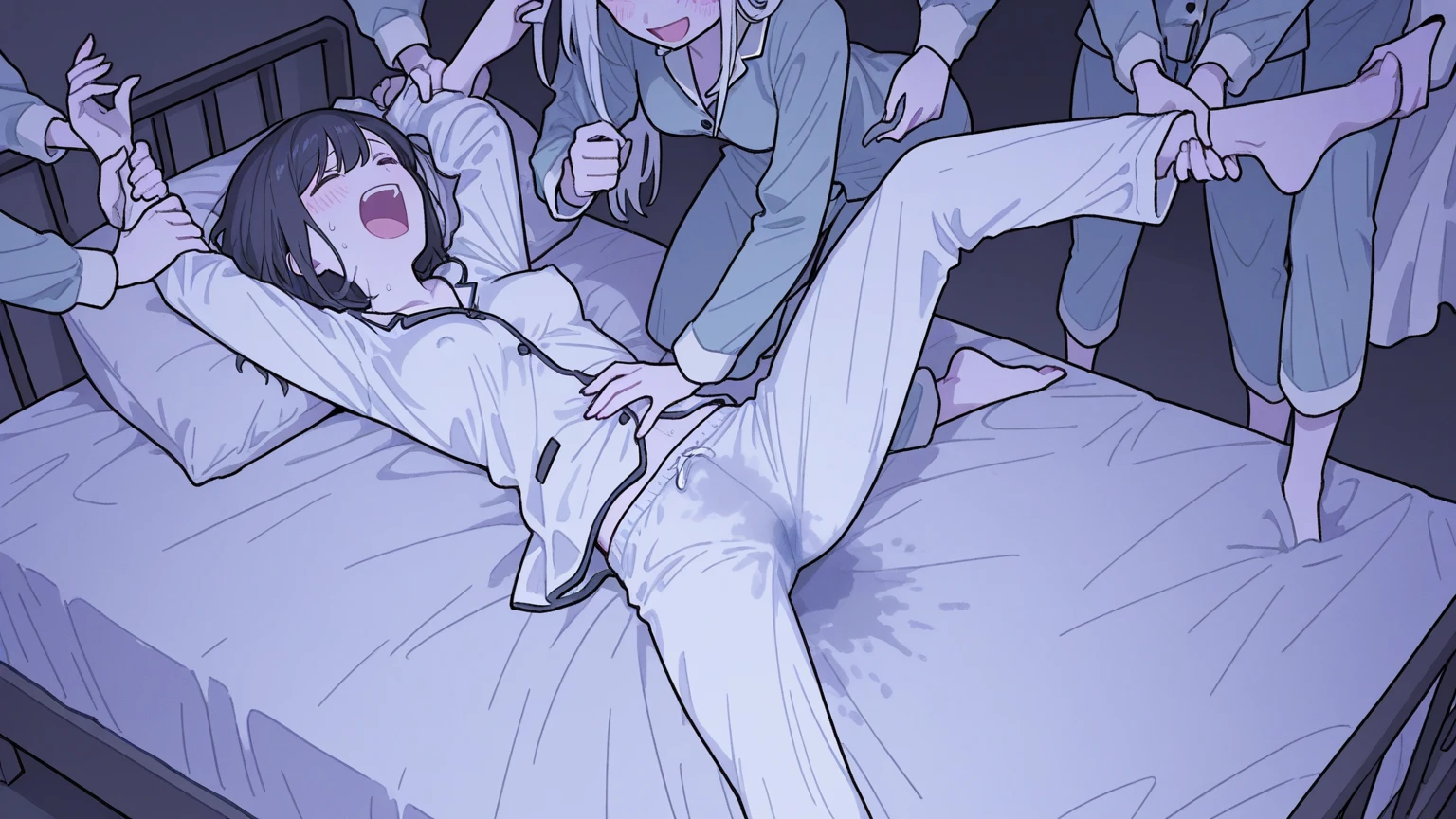 Cute decorated room, on bed in own room, (sexual teasing, girl on girl sex, NSFW, semen, love juice, urinating, sweating, (lesbian rape), blazer, sailor suit, hair (very long, various hair colors), hair) tousled hair), small breasts, 9 year old girl, round face, bare feet, (child: 1.2), (child face: 1 .2), short arms and legs, crying face, drooling, urinating, puny, anal juices, girl lying on her stomach with multiple men. Boy on top of girl, inserting his very thick penis into her cunt and spreading her legs. Man roughly pulls girl's hair, inserts (multiple) very thick penises into girl's anus, man grabs girl's hair and pulls. Woman grabs girl's hair and pulls hard. Position, side view)), ((Insertion of super-thick vibrator in cunt, insertion of super-thick penis in anus))