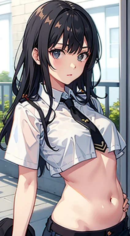 Masterpiece, high quality, ultra quality, best lighting, 1girl, ((tokisaki kurumi)), tokisaki kurumi, long hair, black hair, low twintails, monochrome, ((right red eye:1, left yellow eye:1)), black school uniform, ((black school uniform)), ((big breast)), ((big thigh)), smile, blush, cute face, ((gesugao face)), standing, sexy body, sexy, tattooed full body, looking at viewer, large the breast, nsfw, (((mountain)))