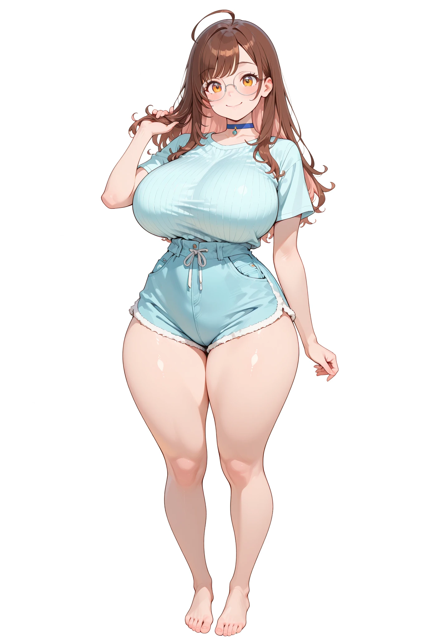 (masterpiece, best quality, highly detailed), 1girls, big belly, huge belly, art by kipteitei, round belly, chubby, curvy, belly grab, enormous belly, fat belly, thicc, bigger belly, really big belly, jiggly belly, shirt covering belly, belly cover by shirt, glasses, no shirt, bra, thight shorts, ((full body)), long hair