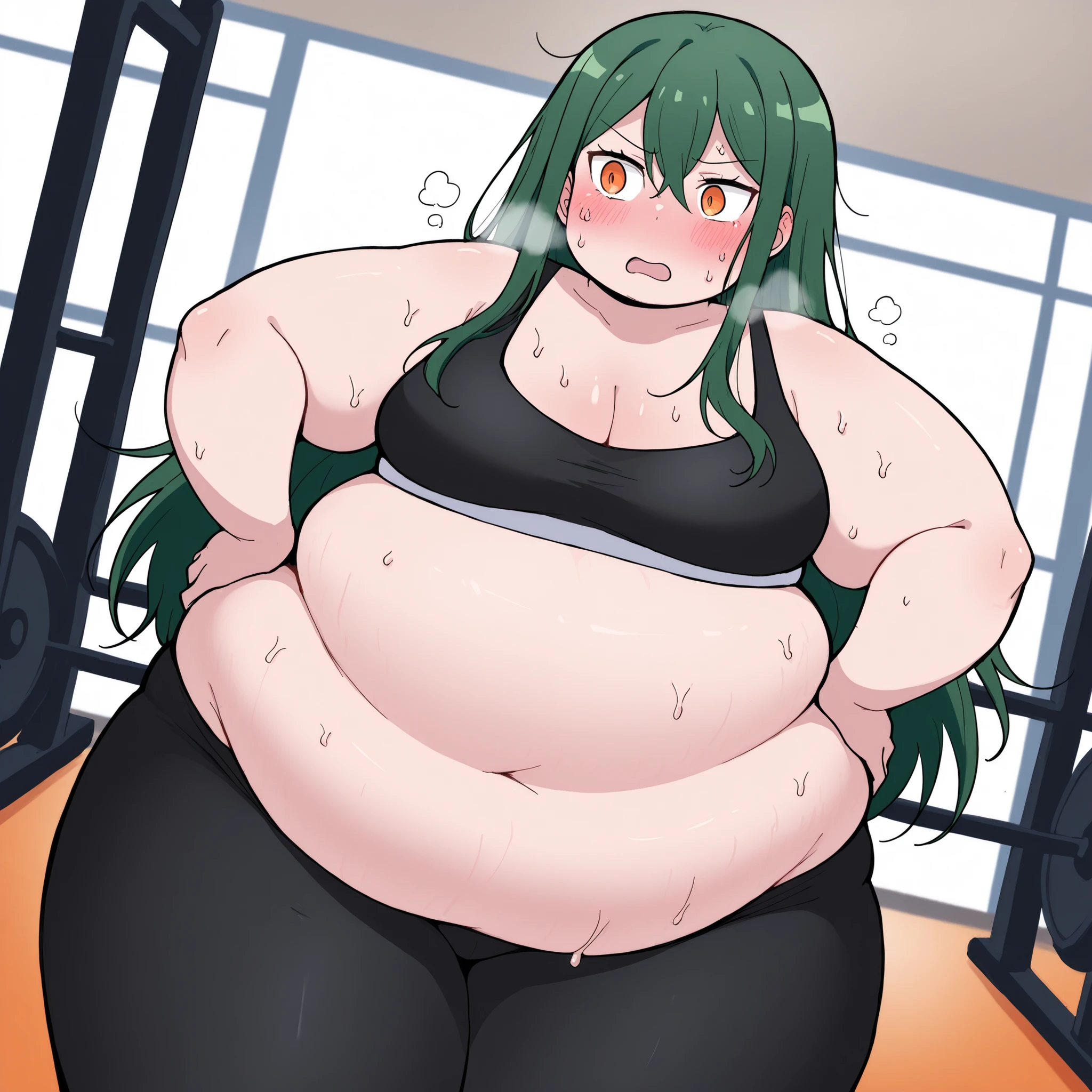 score_9, score_8_up, score_7_up, source_anime, crusch karsten, long hair, hair between eyes, green hair, orange eyes, medium breasts,, yoga pants,, gym, sports bra, navel, midriff, cleavage, stretching, blush,, cowboy shot, dutch angle, looking at viewer,, , dutch angle, cowboy shot,bulging belly, fat, chubby, obese, open mouth, out of breath, absurdres, highres icon, rating:General, confused, blush, {flustered}, nervous sweating, portrait, averting eyes, [looking away], straight-on,, swollen face, masterpiece, best quality, ultra-detailed, high resolution, 8k, sweaty, wet with sweat, exhuasted, hands on hips, heavy breathing, full body