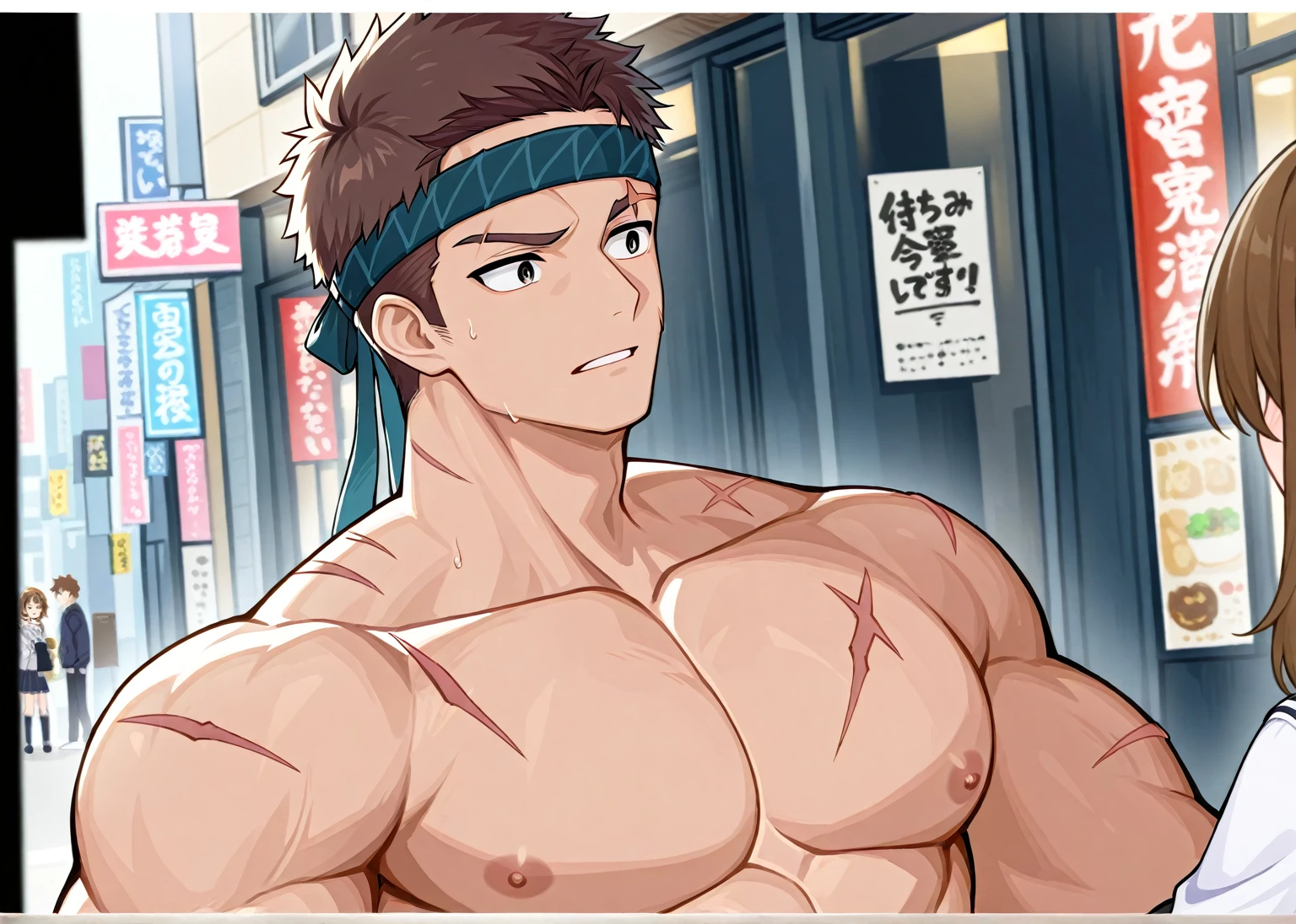 A mais alta qualidade, 8K, image high resolution, Detailed strokes, no meio de uma avenida movimentada estilo Times Square, muito sol, 夏天 , muito calor, fazendo poses divertidas, extroverted way, adolecente, Dark Pink Hair, no shirt  , masculo, swollen chest  , suado, (Angulo de Baixo), (Angulo Perto) , musculos amostra,  pernas definidas, defined arms, abdomen definido, no shirt, corpo suado por causa do calor, lindos corpo musculoso e definido, corpo detalhado