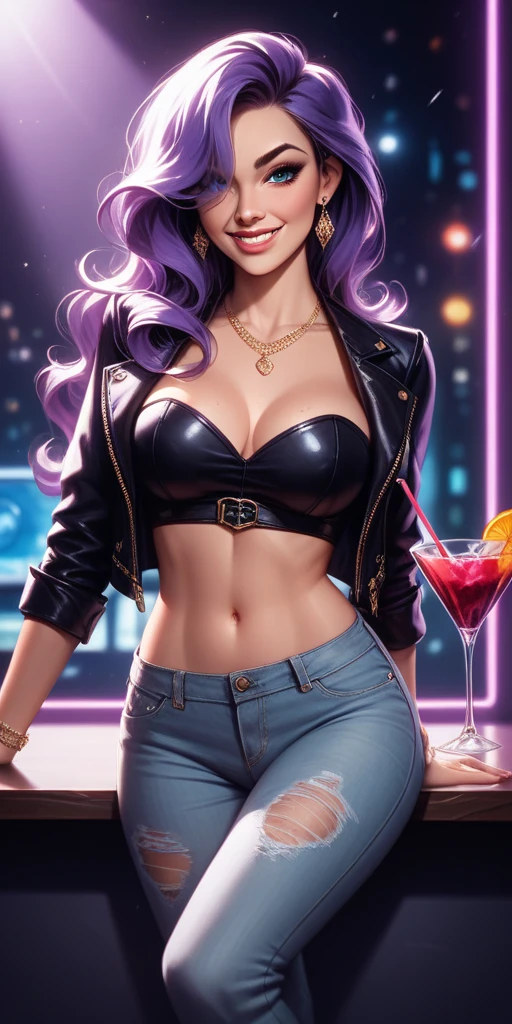 masterpiece, best quality, 1girl, solo, (upper body), smile, cleavage, whore outfit, blushing, fat lips, lipstick, curvy body, jacket, jeans pants, short shorts, plump, cubby, navel, (nightclub), club, shiny floor, colorful, ray tracing