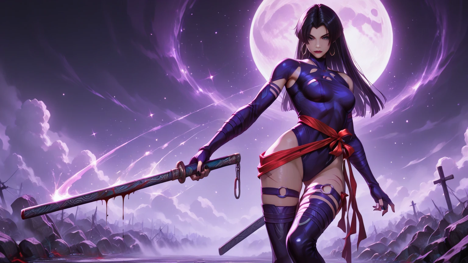 Imagem artística de Olivia Munn como Psylocke, peituda, lindo, traje azul escuro com faixa vermelha na cintura cabelo preto, seios grandes, por Louis Royo, Boris Vallejo, j. Scott Campbell, foco extremo, detalhes nítidos, Sensual, pele oleosa, mostrar pés, corpo todo oily and shiny skin, fit and athletic body, Slutty, (perfect hands:1.1), detailed hands, perfect eyes, Detailed eyes, Glamour, sexy, big Realistic, HDR, UHD, Dynamic, Front view, dark outside. moonlight, ((thick legs)) (((muscular legs))), ((voluminous breasts)) ((large breasts)) (((large breasts))), 8k all details clearly. vector image, perfect muscle sculpture. ((V-shaped swimsuit: 1.1)), Long hair, full moon, bats in the sky, skyporn, Raise one hand, Flying pose, muscular: 1.1, strong leg: 1.1, Muscular woman: 1.1, ((work- prima) ), ((best quality)), hd, Cinematic, realistic, Best quality: 1.1, masterpiece, full HD: 1.1, high quality digital: 1.1, CANON type photo: 1.1 full body, ((face of slutty)), sexy face, ((big ass)), semi-profile:1.1, big breasts:1.1, thick legs:1.1, strong legs, muscular legs:1.1,