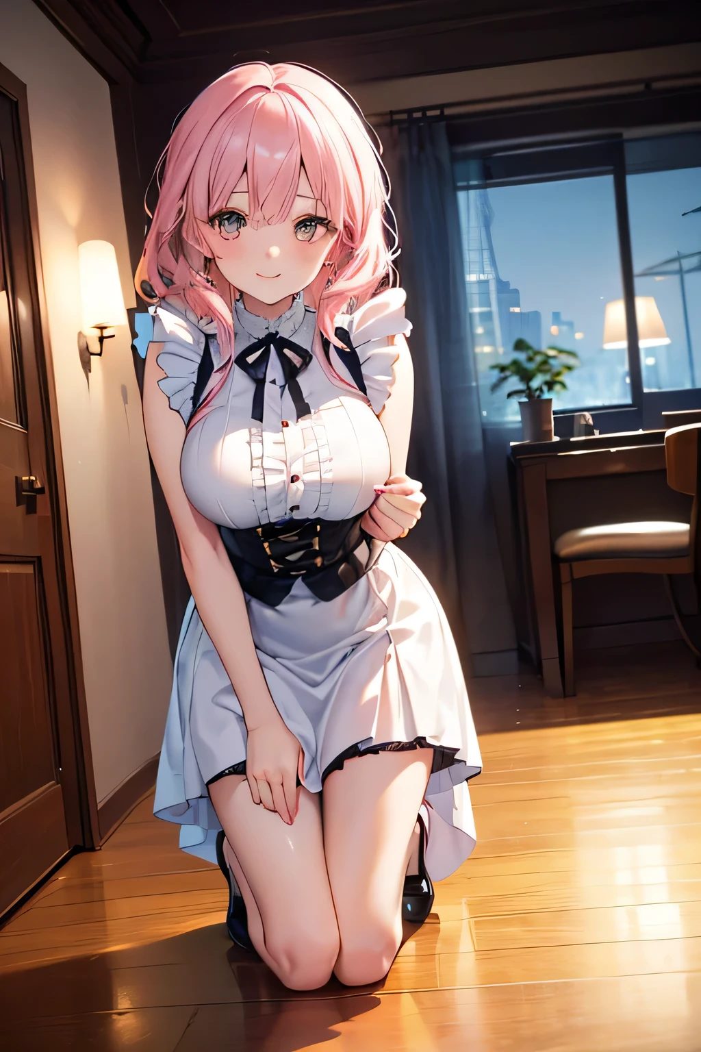 、Pink Hair、Medium Hair、、Pale blue eyes、Head to toe full body、Blushing、Embarrassed look、Composition from the front、A view from slightly below、Sit facing forward、No shoe-shaped legs、squat、Spread your legs in an M shape、Grab my leg、、、、White panties、black pantyhose、(black_pantyhose):1.2)、White panties are visible、bedroom、Inside the room、、Staring at the audience、Thin legs、Thin thighs、Slim toe、Squatting on the stairs