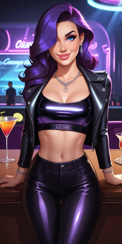 ((masutepiece)), ((Best Quality)), (Ultra-detailed), ((Extremely detailed)), 4K, (8K), Best Quality, (Beautiful), Highly detailed game CG, a bar counter, Jennifer Connelly, nffsw, Suit, Beautiful purple hair, Beautiful black eyes, ((Beautiful eyes)), large full breasts, fingered gloves, lightsmile,