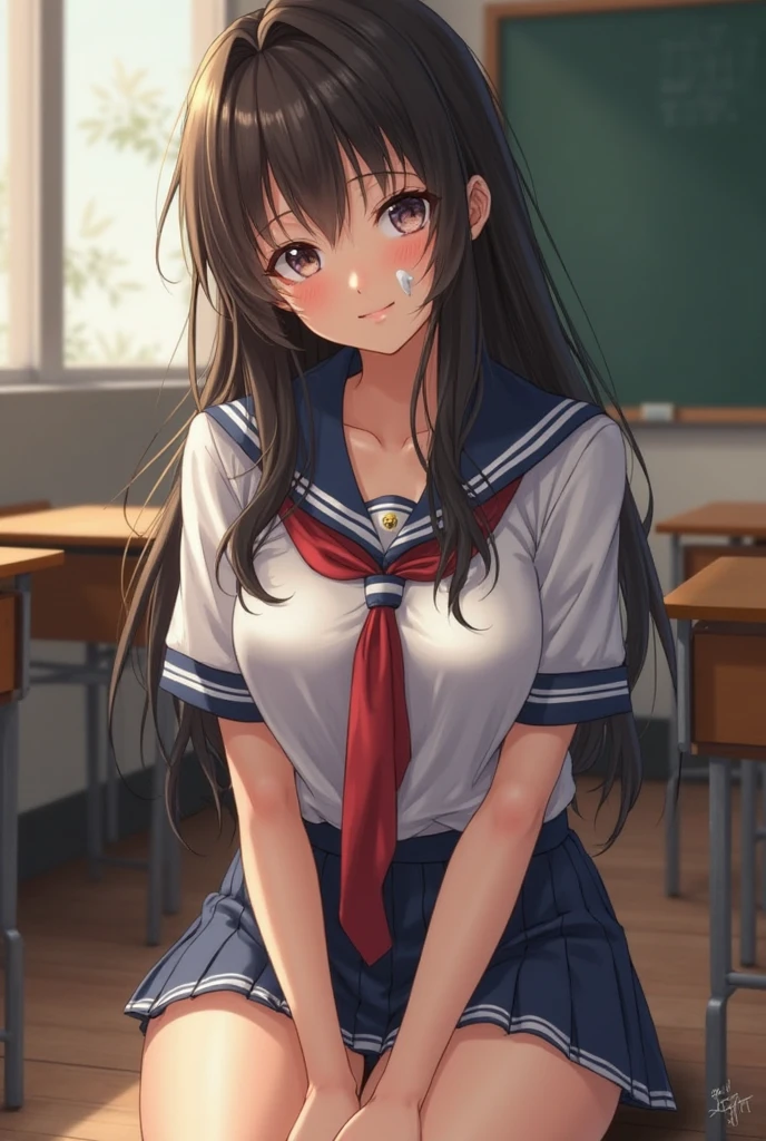 {{{beautiful}}}, amazing, (best quality:1.5), (masterpiece:1.5), extremely delicate and beautiful, intricate details, finely detailed, extremely detailed, beautifully detailed, ultra-detailed, (hyperdetailed:1.5), high resolution, (illustration), watercolor pencil, Clear line drawing, (ufotable style:1.1), ufotable screen cap, anime coloring, anime screencap, (latest picture), backlighting, dynamic angle, glow, depth of field, {{{body satisfaction}}}, (body with a good balance of style:1.5), (slender figure:1.5), perfect body, perfect hands, perfect feet, (two arms:1.3), (two legs:1.5), (five fingers each:1.3), (perfect joint:1.3), perfect joint movement, beautiful detailed eyes, (detailed eyes:1.5), finely detailed eyes, perfect anatomy, full dissection, perfect composition, correct limbs, balance and coordination in all things, realistic:0.5, precise fingers and hands, (finely drawn hair:1.5), {{{cool girl}}}, (black hair:1.3), (semi-long hair:1.3), (straight hair:1.3), bangs, (blue eyes:1.3), (medium breasts:1.3), (small-sized buttocks:1.3), {{{school}}}, (classroom:1.3), desks, chairs, windows, curtains, {{{sailor suit}}}, (dark gray sailor collar:1.5), (white long sleeved shirt:1.5), (dark gray pleated skirt:1.5), white socks, neckerchief, {{{blush}}}, shy, (sweat:1.5), (teary eyes:1.7), (ecstasy:1.5), gasping face, (ecstasy face), (white fluid overflowing from groin:1.5), (crotch and thighs soaking wet:1.5), {{{masturbation}}}, female masturbation, masturbating, fingering, (solo:1.5), self-love, self fondle, 1girl, clothed, (standing:1.5), (forward-bent posture1.3), lean forward,