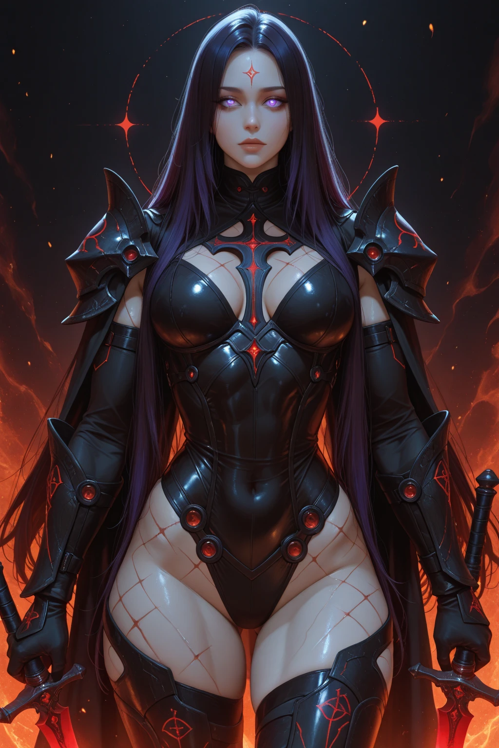 high resolution, Meisterwerk, Better quality, 1girl, demonic technology, lots of tattoos, futuristische Kleidung, Rock, Sitzung, Neondetails, Neon-Cyberpunk-Stil, im Hintergrund ein schattiges Labor, fein detaillierte Haut, huge breasts, very muscular legs