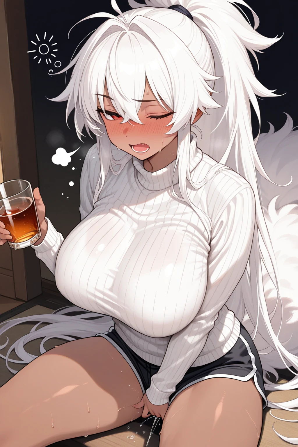 (masterpiece), (absurdres), (solo), (1girl), milking into cup, obm, huge breasts, indoors, cup, lactation, grabbing own breast, deep skin, furrowed brow, full-face blush, table, cup, milk, one breast out, <lora:MilkinCupv01:1>