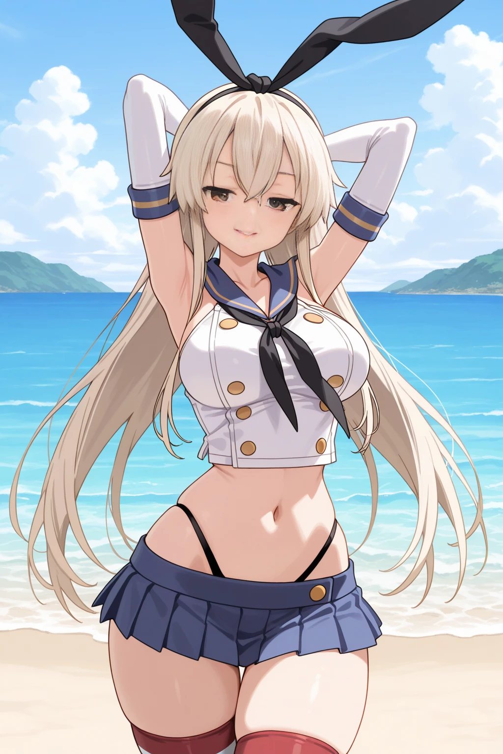 lexington \(warship girls r\),((masterpiece)),(((best quality))),((ultra-detailed)),((illustration)),((disheveled hair)),((frills)),(1 girl),(solo),
1girl, bangs, bare shoulders, bikini, blue bow, blue eyes, blue flower, blue ribbon, blush, bow, breasts, cleavage, closed mouth, collarbone, eyebrows visible through hair, flower, front-tie bikini, front-tie top, full body, groin, hair between eyes, hair flower, hair ornament, large breasts, long hair, looking at viewer, navel, ribbon, sandals, side-tie bikini, smile, solo, stomach, swimsuit, white bikini, flaxen hair, Blushing, shy, Broken straw sun hat, torn straw sun hat, Broken surfboard, torn surfboard, Blue bow sandals, Surfboard at waist