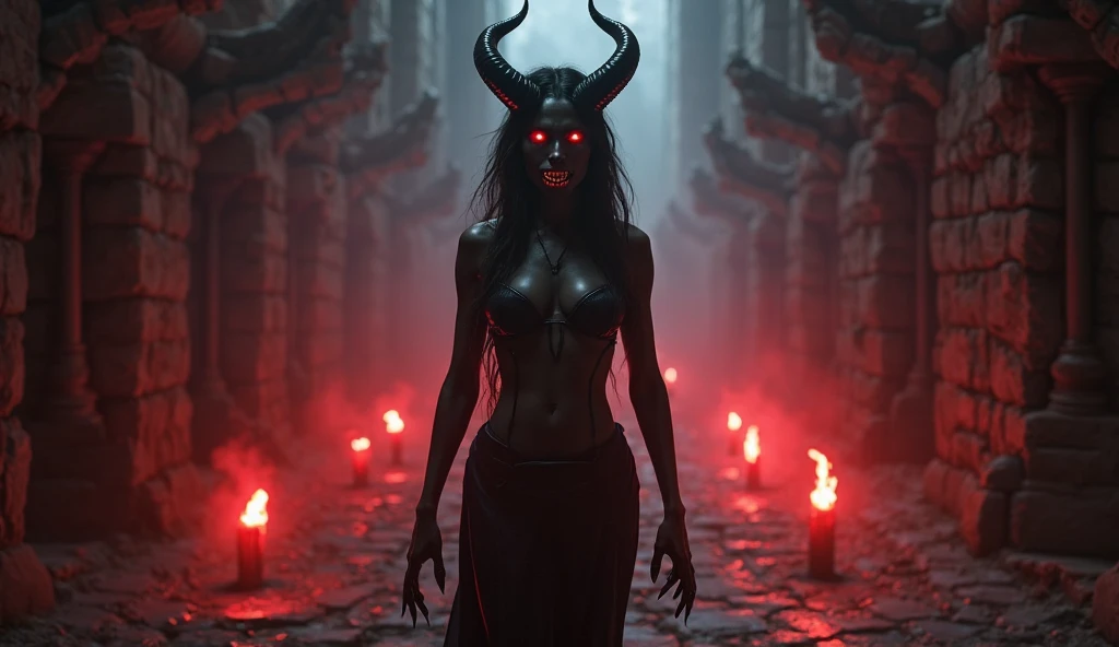 sensual demon, fury, 1 female demon, detailed facial features, piercing eyes, sharp fangs, horns, dark skin, black hair, flowing dress, clawed hands, dark smoky background, dramatic lighting, cinematic composition, dark fantasy, dramatic colors, moody atmosphere, photorealistic, 8k, highest quality, masterpiece
