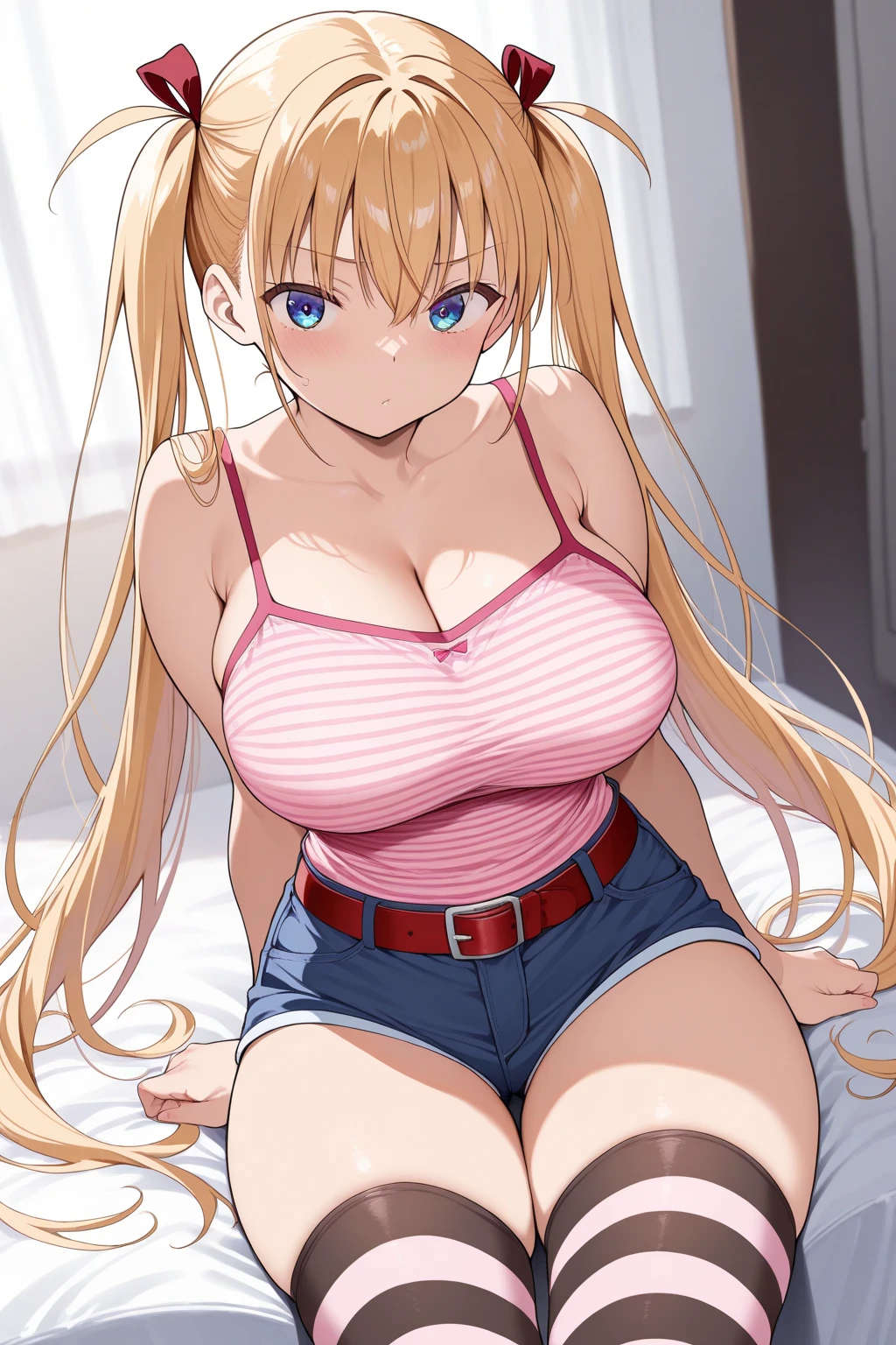 blonde sister ready to hug brother, hands wide open, t-shirt, pink transparent panties, huge breasts, wet thighs