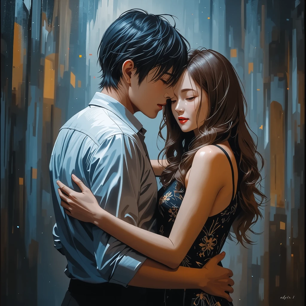 Intimate, high-quality photograph of a (couple:1.2) in the (rain:1.1), (dramatic lighting:1.1), romantic, passionate, intricately detailed clothing, (drenched:1.1) with (shimmering droplets:1.1), city background, Sony Alpha 7R IV camera, digital photograph, f/2.8 lens, warm tones, creamy bokeh, hyper-realistic lifelike texture, trending on social media