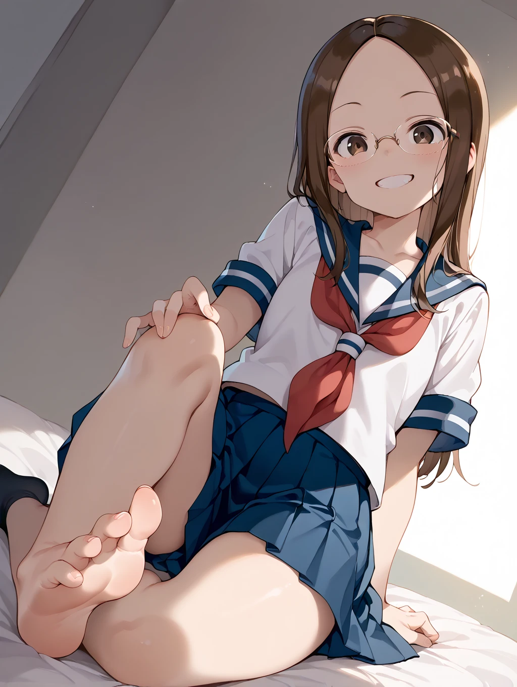 {Highest quality], [Super beautiful], [Ultra fine], [Best illustration], NSFW,Brown Hair, Hime cut,Bangs,Long Hair,girl,,uniform,knit cardigan,Short sleeve,skirt,smile, blush, Slender women,At the Beach,Summer festival,barefoot,sit,Show the soles of your feet