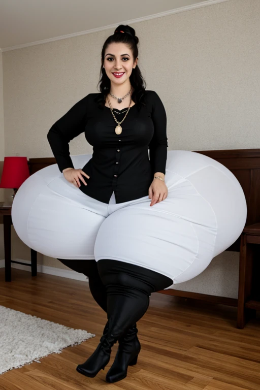 Thick bottom heavy, curvy, wide hipped 30 year old british woman, she is wearing a business suit, she is laying on her belly, she gets bloated and inflated like a gigantic fat air baloon, she is laughing as her wife rolls her giant balooned body away