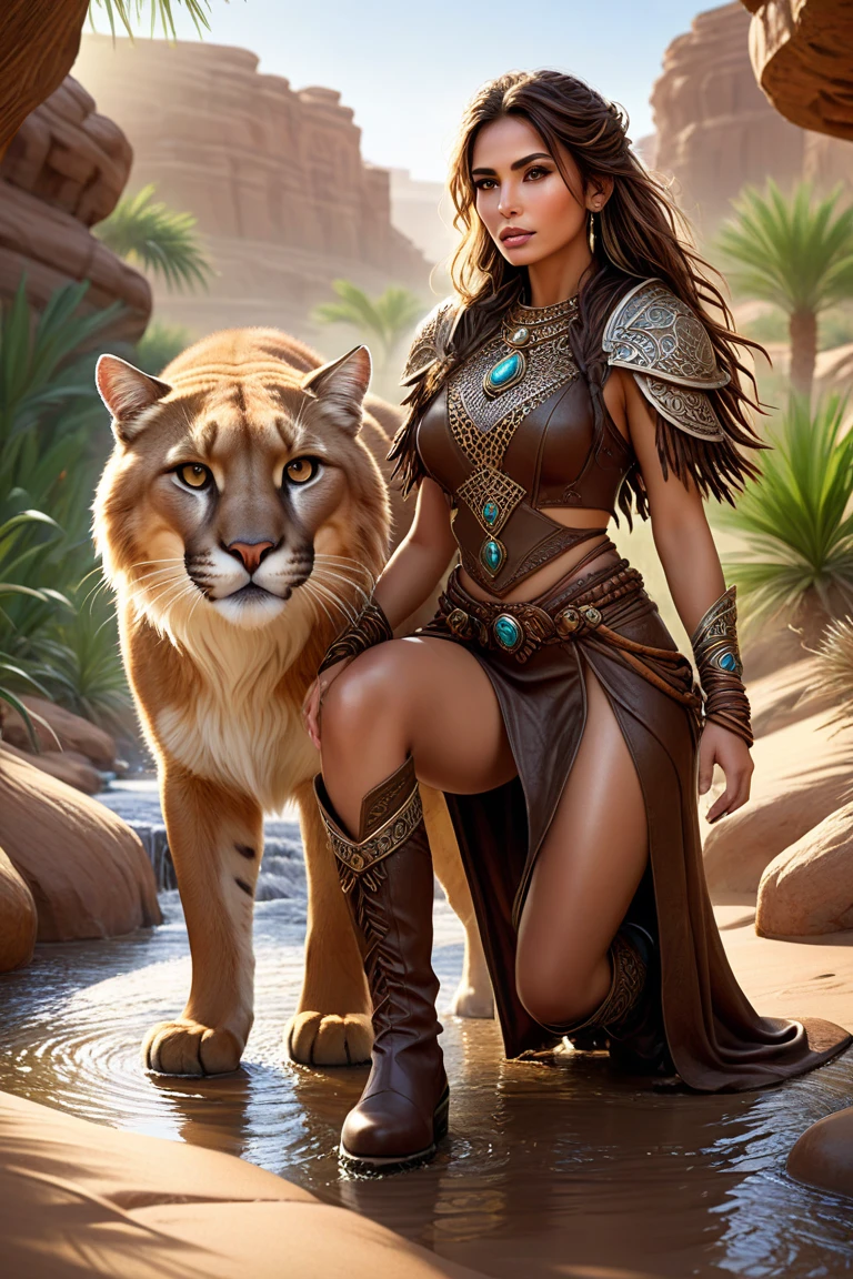 Arafed picture of a desert princess  and her pet cougar in her palace high details, best quality, 16k, f a female human princess and her pet cougar, princess of the desert, full body, ((anatomically correct: 1.5)) ((standing: 1.5)) proudly royalty demeanor, a woman, (best detailed face: 1.5), Ultra Detailed face, wearing royal desert dress, decorated with gems, wearing princess tiara, small cleavage, thigh high intricate leather high heeled boot, thick hair, long hair, brown hair, tan skin intense brown eyes, her epic desert (cougar : 1.3) lying at her feet, guarding her, an epic fantasy desert palace in an oasis in the background (intricate details, Masterpiece, best quality: 1.5) night, moon light, stars ,Wide-Angle, award winning, best quality, high quality, high details, highres, vibrant, Ultra-high resolution, High Contrast, (masterpiece:1.5), highest quality, Best aesthetics, best details, best quality, highres, ultra wide angle, 16k, [ultra detailed], masterpiece, best quality, chumbasket art style, Cinematic Hollywood Film,