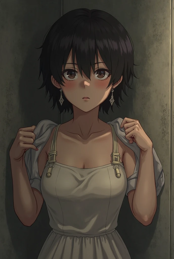 Highres, Masterpiece, Best quality at best,Best Quality,hight quality, hight detailed, 1boy, Boy,Black hair, Side bangs, Shota, Sweat, Strapless dress, Mini skirt, Choker, collarbone, Depth of field, Anime Screencap Style, thin line, Sitting on the chair, Seen from the front, Little sweat, Cute boy, (very small and short stature), (very young boy), 12-year-old boys, Blurry and simple beckground, Upper body