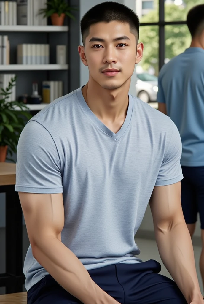 Thai man ,man ,(white t-shirt:1.5) ,Jeans ,He is about 30 years old..，Rough and handsome appearance，large breastsj，Big waistline，buzz cut, angry, sullen, best quality, Masterpiece，bright lights,（Have muscles：4.5），(best quality,high resolution,Masterpiece:1.2),The eyes are natural and delicate..,1 person,alone,gay asian,muscle,Long legs,brave,short hair details,conjunctivitis ,strong,brown eyes, (standing in the kitchen:1.5)，in the market，sitting on the table ,smile