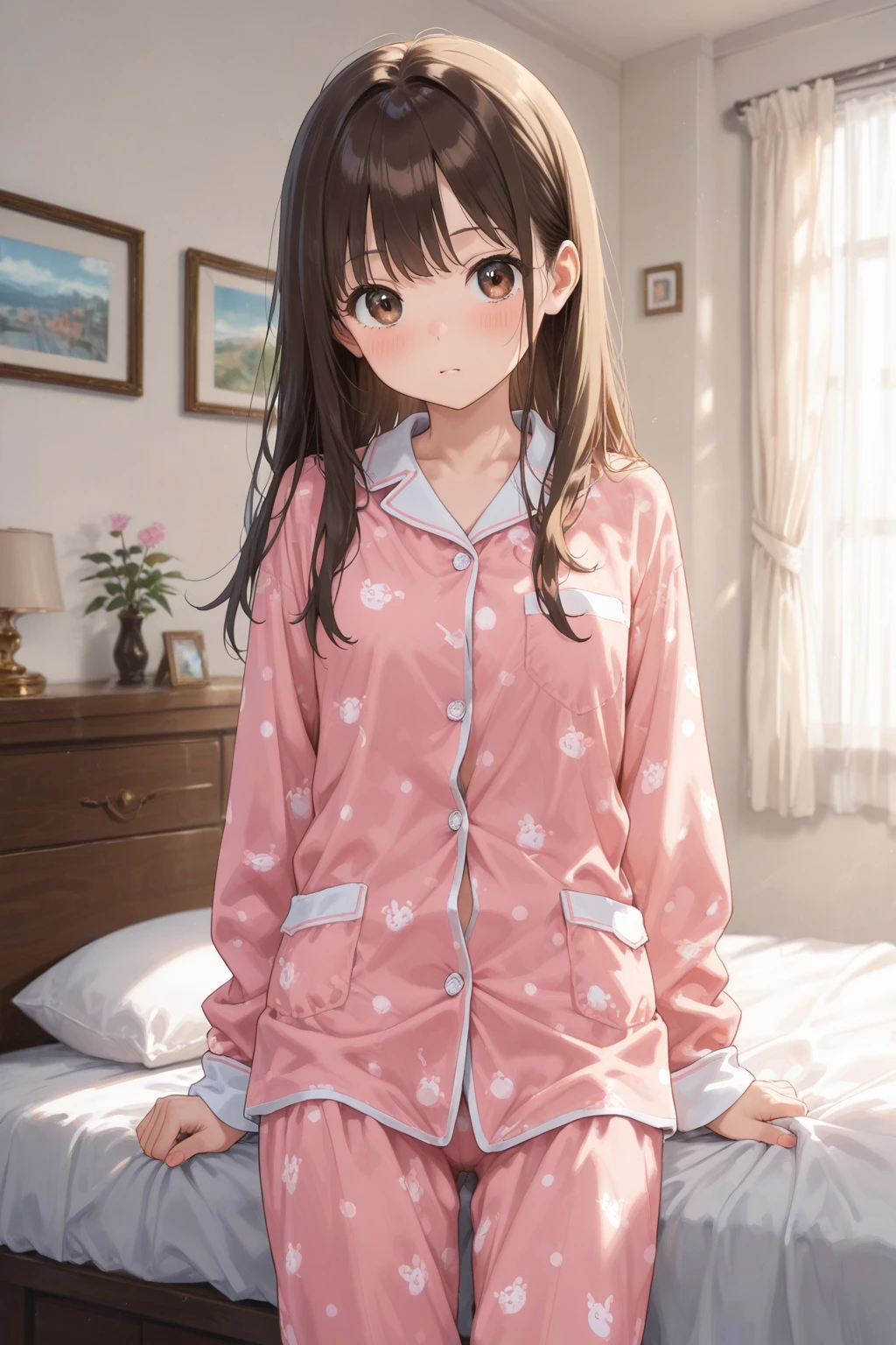(((Wearing summer pajamas, skirt, ))), ((Shiny Costumes)), skindentation, skinny, solo, 1 woman, Masterpiece, highest quality, highest quality, 16K, incredibly absurd, highly detailed, 2.5D, ai-generated, delicate and dynamic, very delicate facial expressions, delicate eye depiction, erotic, only sexy woman, ((A cute and kind face)), healthy figure, ((25-year-old woman)), 160cm tall, medium firm swaying bust, , blush, Sweat,Embarrassed,sexy, ((thin thighs)), (camel toe:0.7), (visible nipples:0.3), (Erect nipples,:0.7), shiny and lustrous, facing straight at viewer, (((in heat))), ((Oily_skin)), ((Lots of sweat)), (((Brown Skin))), ((dutch angle)), ((erotic pose)), (((Collapsed from heat stroke))), (((lying))), on bed,