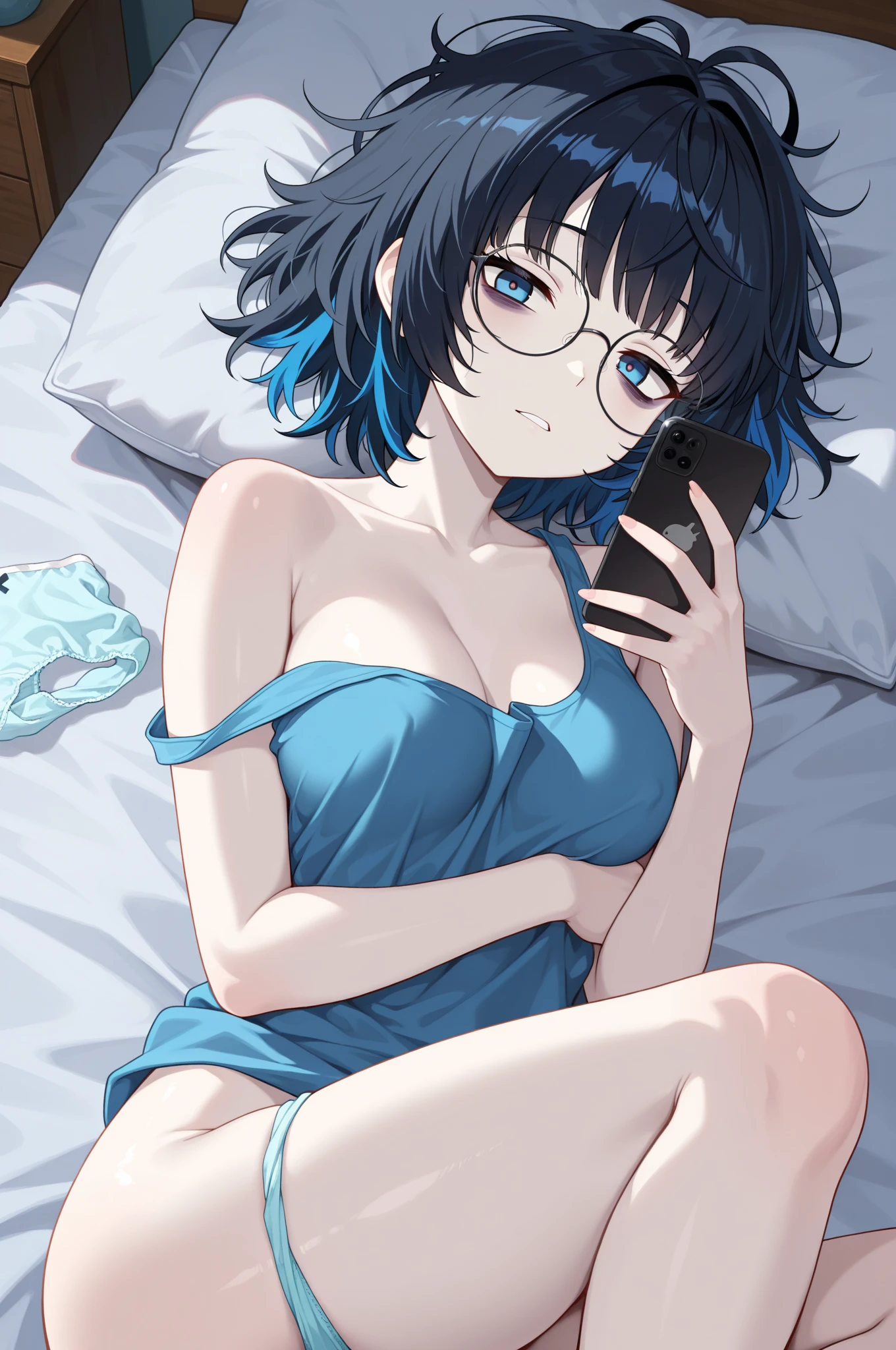 score_9,score_8_up,score_7_up,score_6_up arlecchino gi, 1girl, solo, sitting, breasts, hair between eyes, navel, bangs, night gown, bare thighs, kneeling selfie shot, cleavage, sweaty, hot, medium breasts