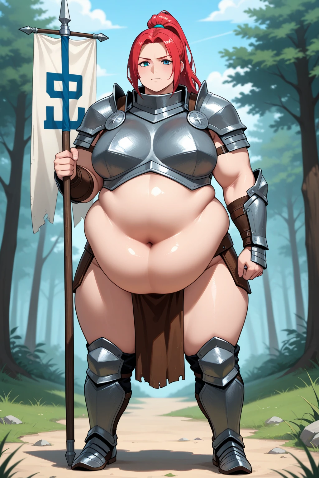 (masterpiece), best quality, female warrior, huge girl, female muscular:1.2, shoulder armor, pauldron, (((blank background))), ((full body)), fingerless gloves, sandals, sleeveless, covered nipples, ((buzzcut hairstyle)), golden hair, hair over eyes, (wide hips:1.6), thick thighs:1.7, ((camel toe)), (underboobs), 