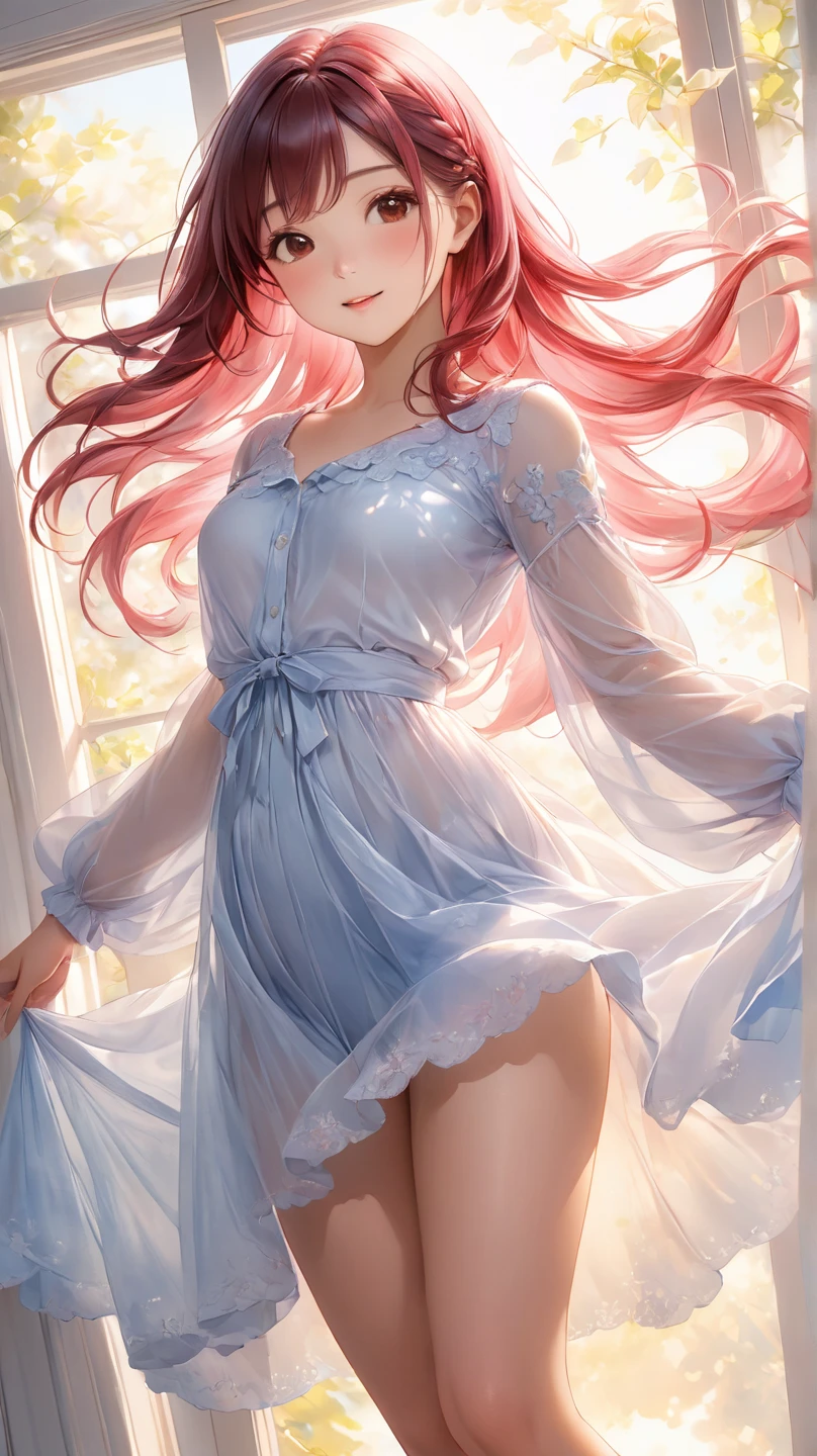 Dynamic posing, dynamic angle, Arrange pose,Top quality work,Show Legs,sexy, ((wavy hair, pale skin, long light ginger hair),((light blue eyes)), freckles, 16 years old, Rose cheeks, Pretty cute Face, A perfectly proportioned face,full-body view, amazing, small round chest、Beautiful eye details、Beautiful eyelashes、beautiful double eyelid, with blush cheeks,