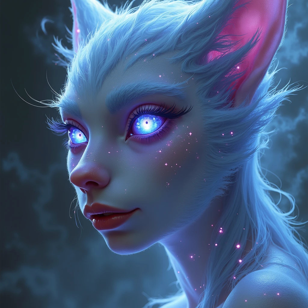 breathtaking masterpiece, best quality, highest quality, highly detailed, exquisite, award winning 8K digital painting of an ethereal and (incredibly beautiful female alien:1.4) with luminescent body parts that shimmer like stardust (lying gracefully on a steep cliff:1.2), casting a watchful gaze over (the galaxy:1.33), (a fluffy creature rests on her shoulder:1.8), intricate details, golden ratio, BaroqueAI, v0id3nergy, by Louis Royo