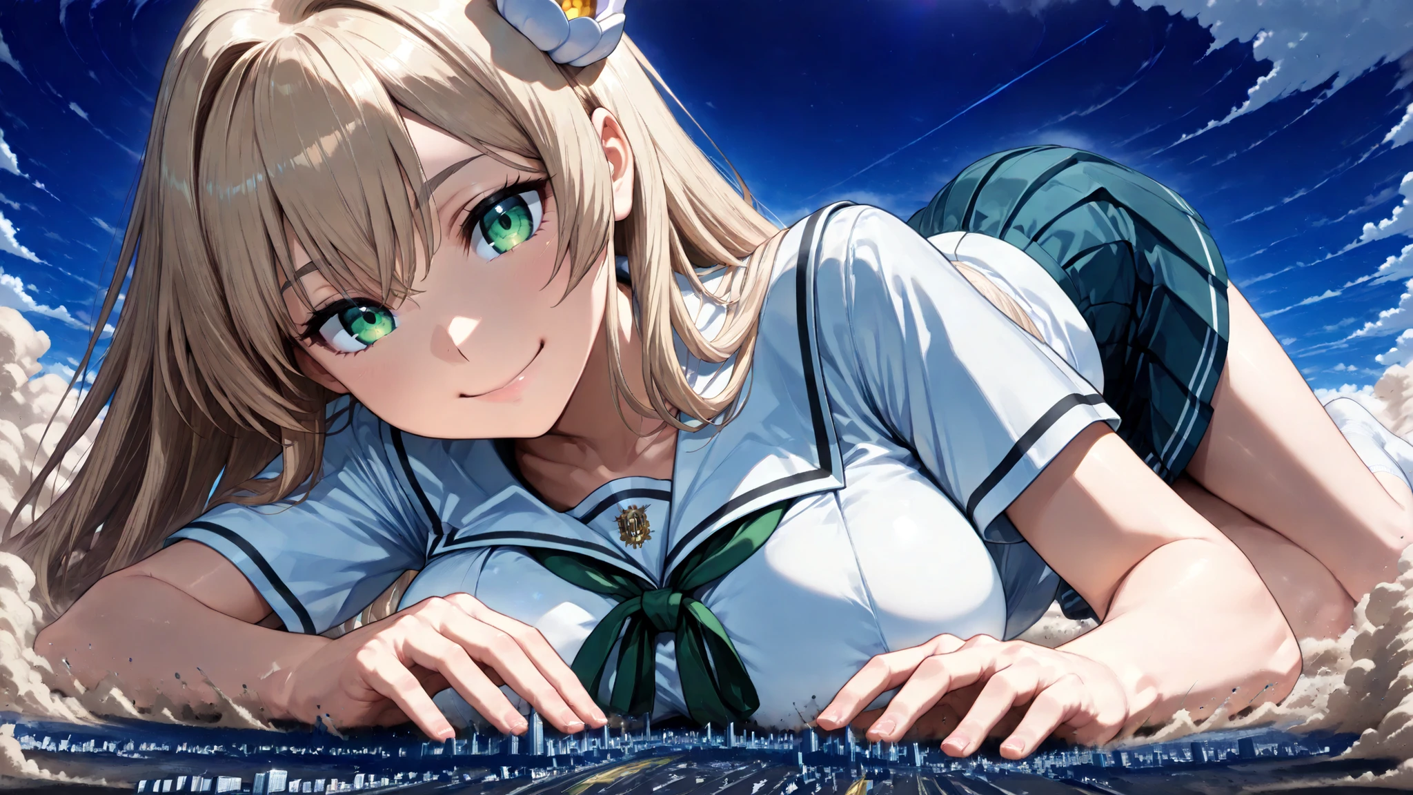 ((lying on the ground super close super close big boobs super close hands super close)), 1girl, solo,
(very super big breasts, moist female body, beautiful skin, Clothed woman, summer schoolgirl uniform, miniskirt, white socks, Rin々Shikumo's smile is cute smile),
(((super yotta over size giantess:1.3))), ((Extremely detailed and ultra-fine ultra-tiny cities, collapsing city, Dust cloud, Catastrophic World Collapse Depiction)), Outdoors(From directly below the giant:1.3),
(Super quality Best masterpiece, Highest image quality, super high resolution, Super precise real art quality, daylight, Very accurate RAW correction), best quality, The sky is high,
((accurate 3Point perspective drawing, Very Accurate Perspective Depiction, Ultra-wide field of view, the closer it is, the more super huge depiction)),
Rubble Mountains, Tsuchi-Tsunami, The ground rolls up, (((A sense of dynamism that destroys, Depiction of a Super Giant Woman with More Super Huge Impact))),