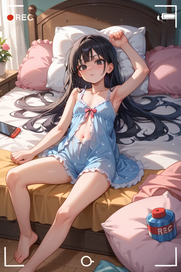 high quality, 最high quality、 Stylish design, (((The cutest girl))), ((Thin legs))、(((最high quality))), High resolution, ((detailed)), ((masterpiece)), ((Super detailed)), 14-year-old girl、(Black Hair、Inner Color)、((Lie on your back in bed)),((Sexy summer clothes)),((Sexual)),(((Shyness)))