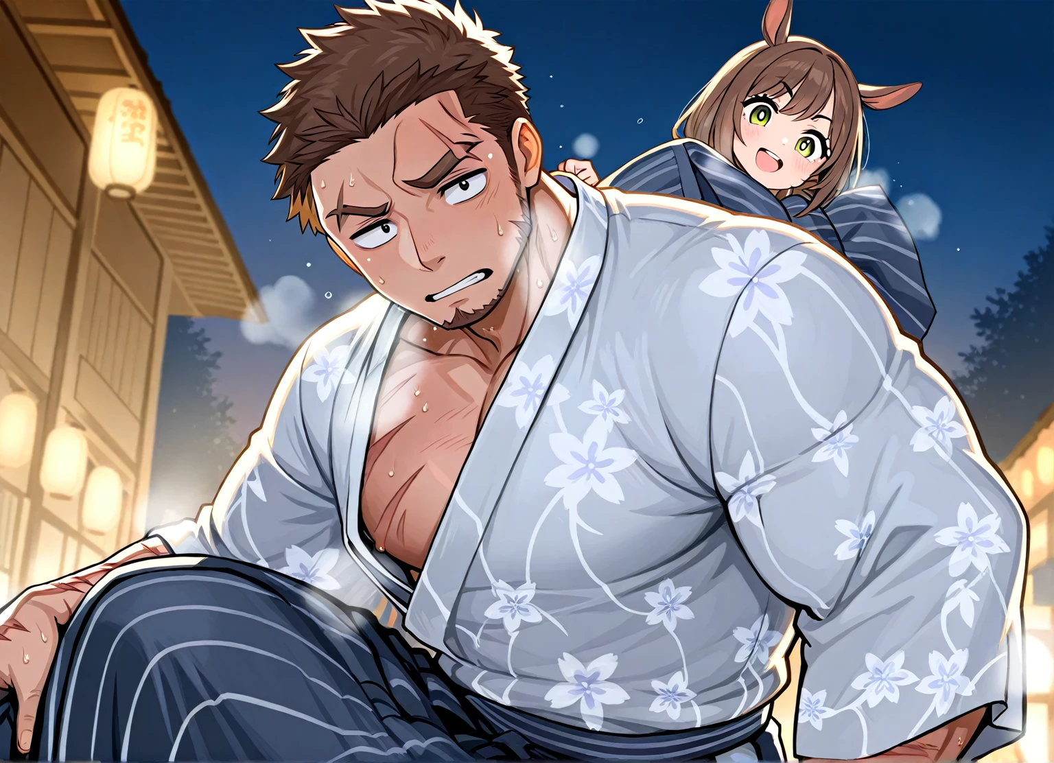 (Boy1 and Asuna1 sitting together on the edge of large hotel bed front view), (Asuna1, female, long blond hair, brown eyes, white hotel bathrobe, barely clothed, shy, blush, looking at the floor), (Boy1, male, short red brushed up hair, brown eyes, topless, black underwear, bare feet, taller than Asuna1, slightly erect penis, looking at Asuna1), hotel bedroom