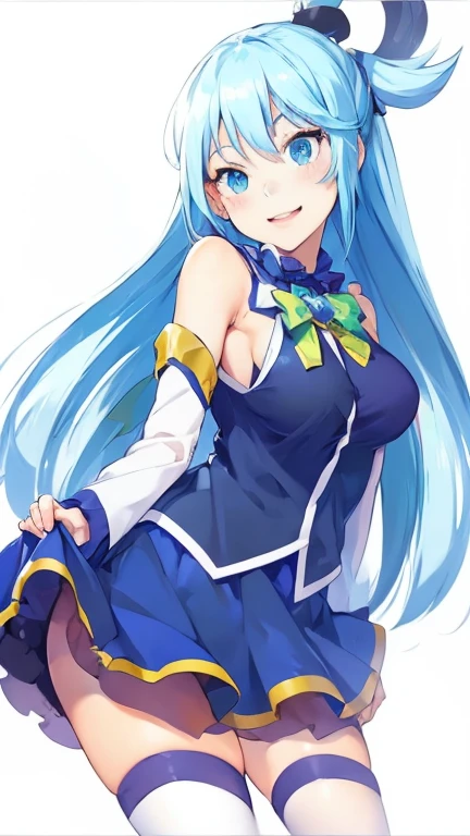 Aqua, Goddess, high quality, 1 girl, Blue eyes, Blue footwear, Blue hair, Blue thighs, Blush, Boots, Chest, Foam, Separated sleeves, Hair ornament, Hair ring, Long hair, Medium breasted, Single hair ring, Skirt, Solo, Standing, Thigh boots, Very long hair, White thighs, Simple background, high quality, high resolution.