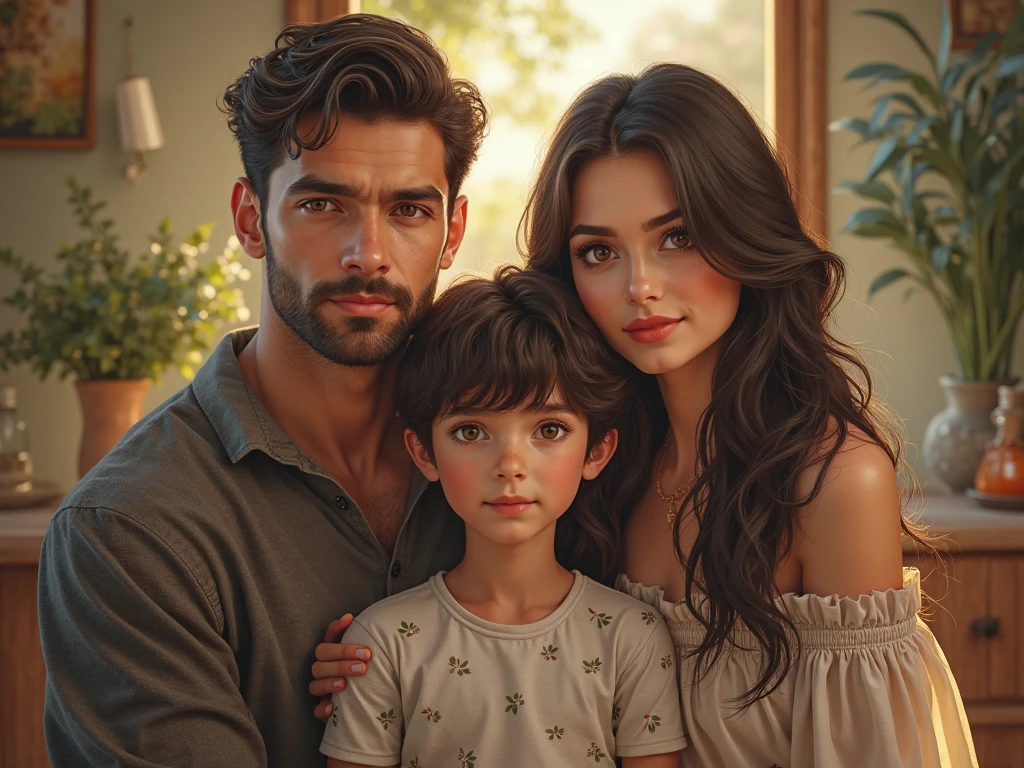 My mother, with her long brown hair and brown eyes (italian), and my father, the epitome of everything that I learned later was italian, with curly hair that was so dark it was almost black and me as a seven year old child with the looks of my mother and hair color (only the color of the hair) of my father (female child). The image must look realistic.
