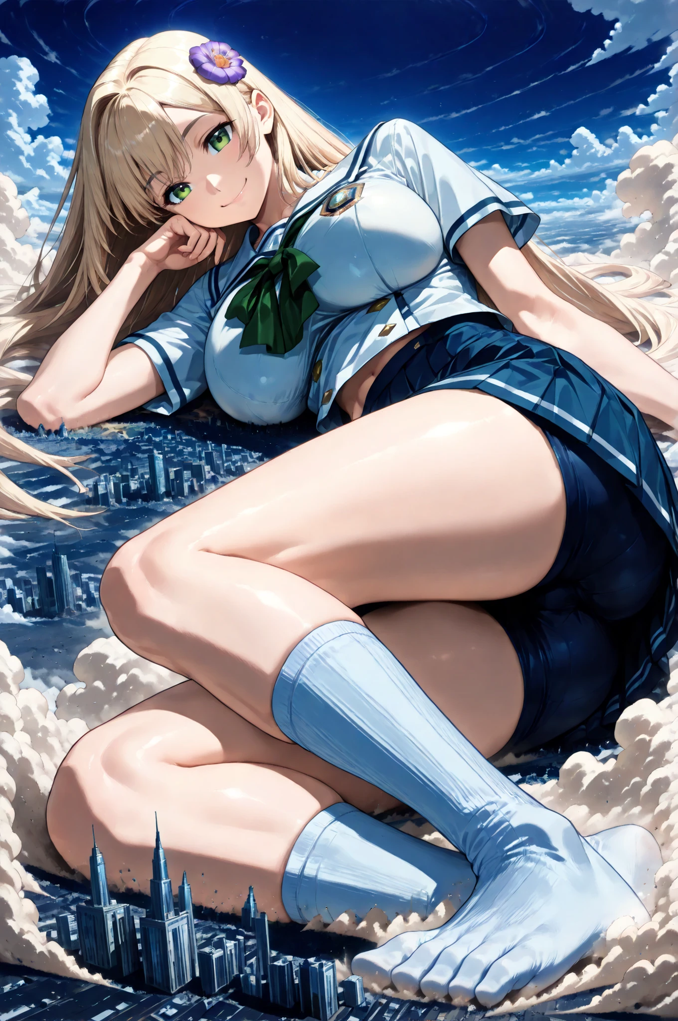 ((lying on the ground super close super close big boobs super close hands super close)), 1girl, solo,
(very super big breasts, moist female body, beautiful skin, Clothed woman, summer schoolgirl uniform, miniskirt, white socks, Rin々Shikumo's smile is cute smile),
(((super yotta over size giantess:1.3))), ((Extremely detailed and ultra-fine ultra-tiny cities, collapsing city, Dust cloud, Catastrophic World Collapse Depiction)), Outdoors(From directly below the giant:1.3),
(Super quality Best masterpiece, Highest image quality, super high resolution, Super precise real art quality, daylight, Very accurate RAW correction), best quality, The sky is high,
((accurate 3Point perspective drawing, Very Accurate Perspective Depiction, Ultra-wide field of view, the closer it is, the more super huge depiction)),
Rubble Mountains, Tsuchi-Tsunami, The ground rolls up, (((A sense of dynamism that destroys, Depiction of a Super Giant Woman with More Super Huge Impact))),